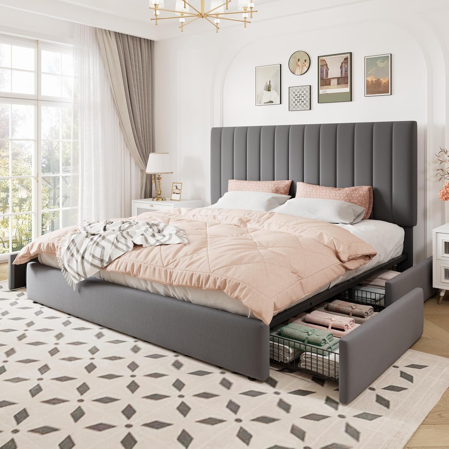 Allewie King Size Storage Bed Frame, Vertical Channel Tufted Adjustable Headboard, Velvet Upholstered Platform Bed with 4 Oversized Underbed Drawers, Wooden Slats Support, No Box Spring Needed, Grey