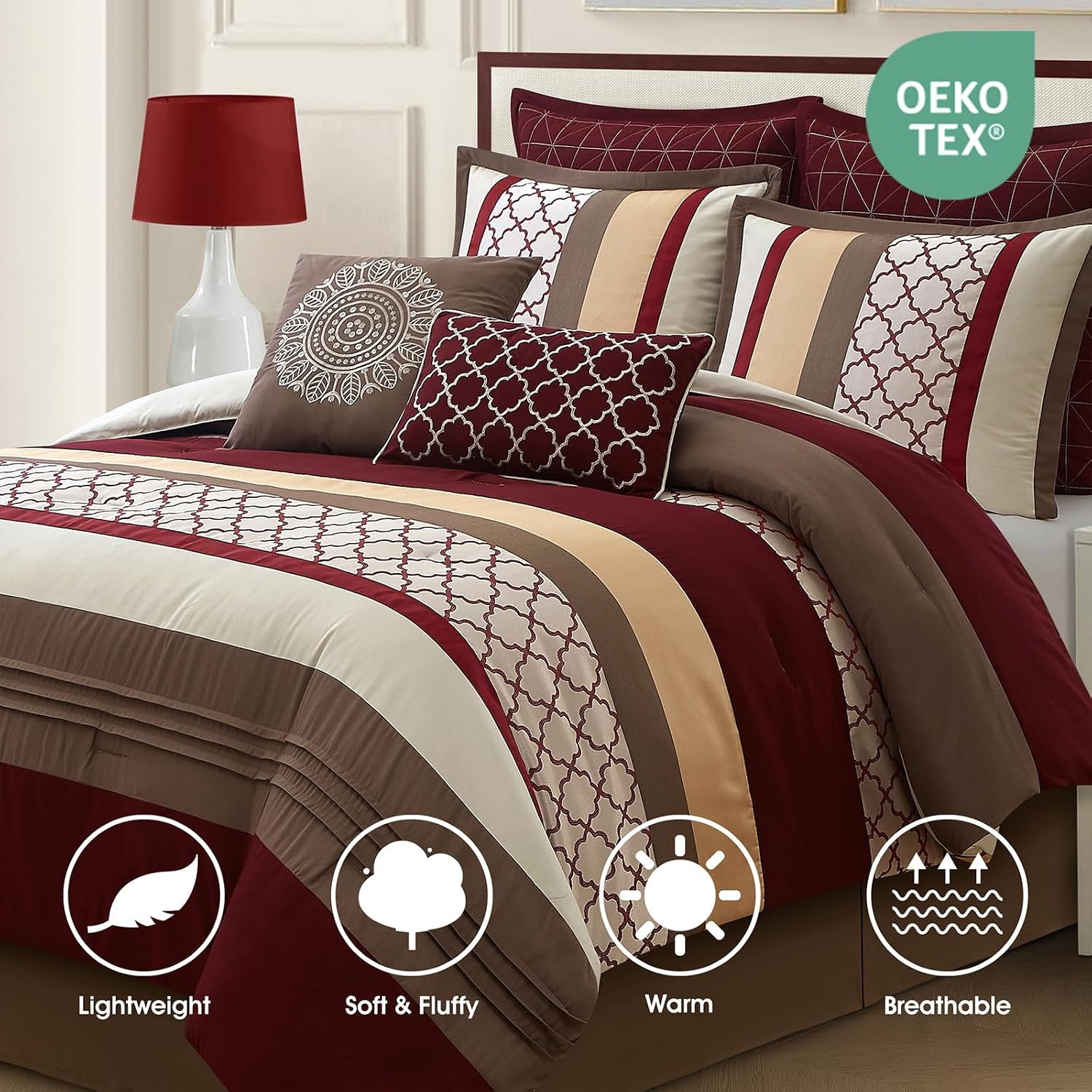 LANCO MODERN LIFESTYLE Queen Comforter Set, Berry Taupe Bedding Set, Jacquard Woven with Embroidery, 8 Pieces Bed in a Bag, Bed Skirt, Shams and Decorative Pillows