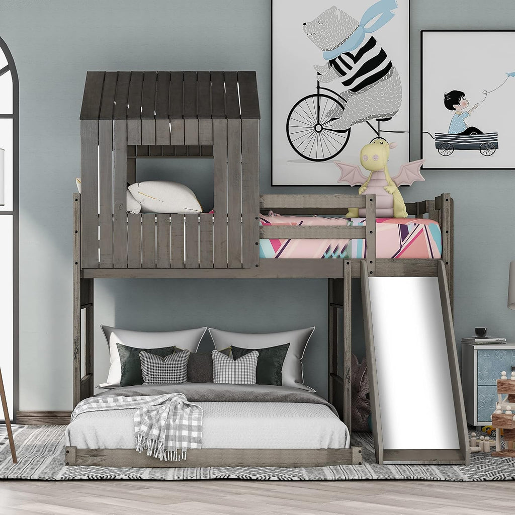 MERITLINE House Bed Bunk Beds with Slide Twin Over Full Size Bunk Bed Frame with Slide,Wooden Playhouse - Design Slide Bunk Beds Twin Over Full Bunk for Boys and Girls