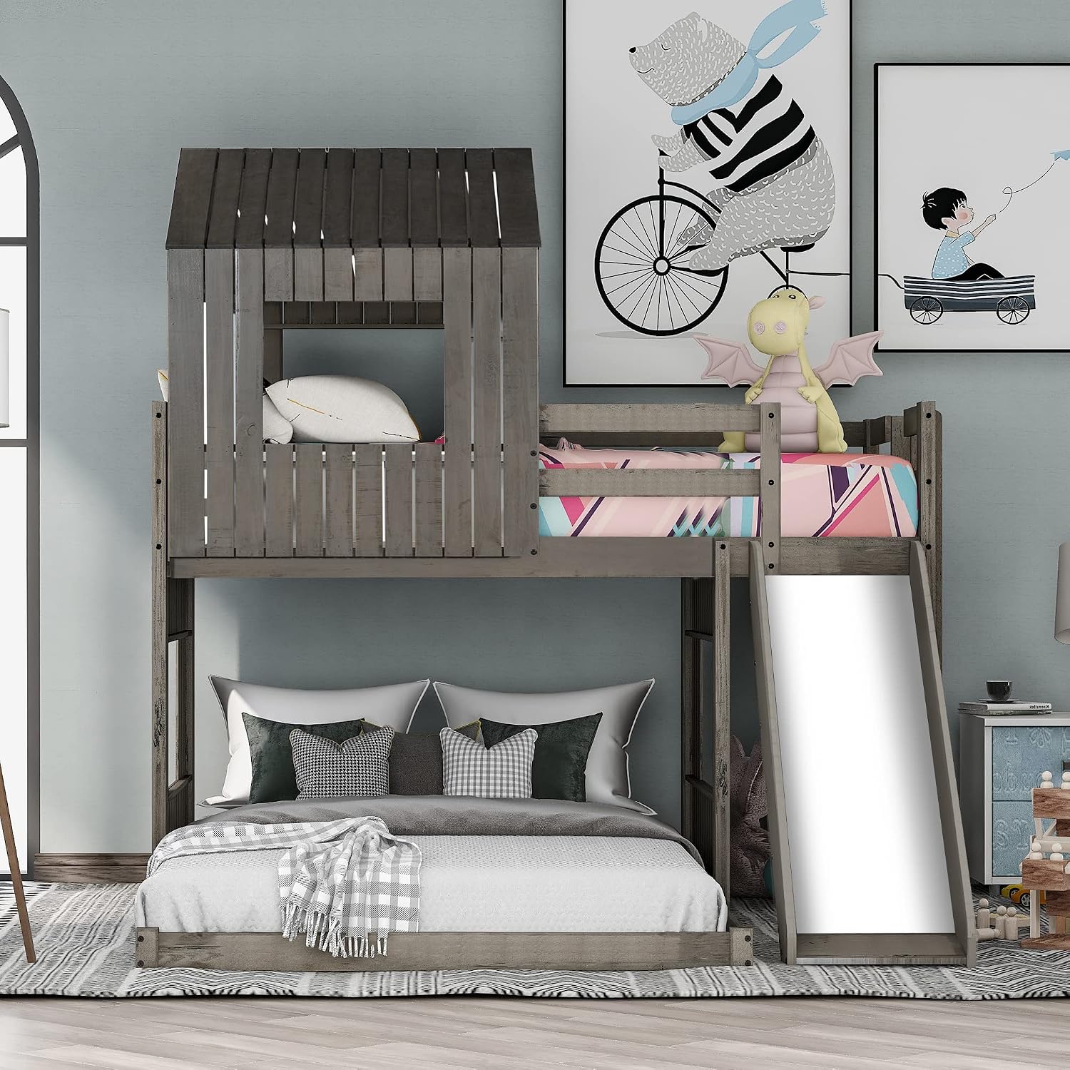 MERITLINE House Bed Bunk Beds with Slide Twin Over Full Size Bunk Bed Frame with Slide,Wooden Playhouse - Design Slide Bunk Beds Twin Over Full Bunk for Boys and Girls