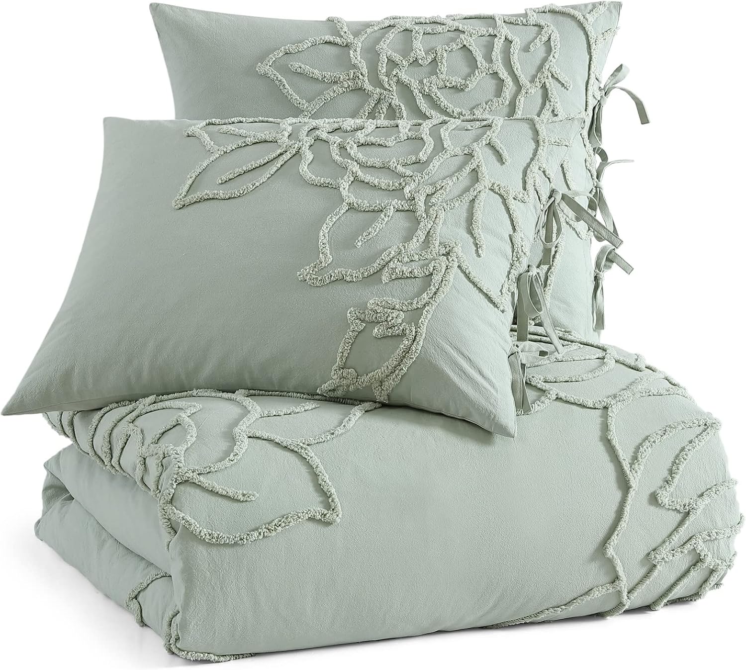 Peri Home 100% Cotton 3-Piece Sage Comforter and Sham Set, Green Chenille Rose, Full/Queen