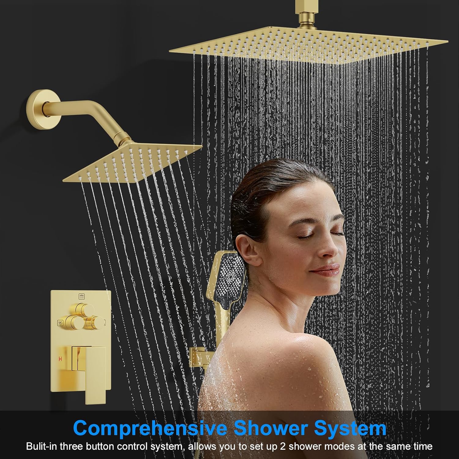 Shower Faucet Set, 12' Ceiling Mount Rainfall Shower System with 2 Rain Shower Head and Multi-function Handheld Head Push Button Diverter Shower Faucet Trim Kit (12', Brushed Gold)