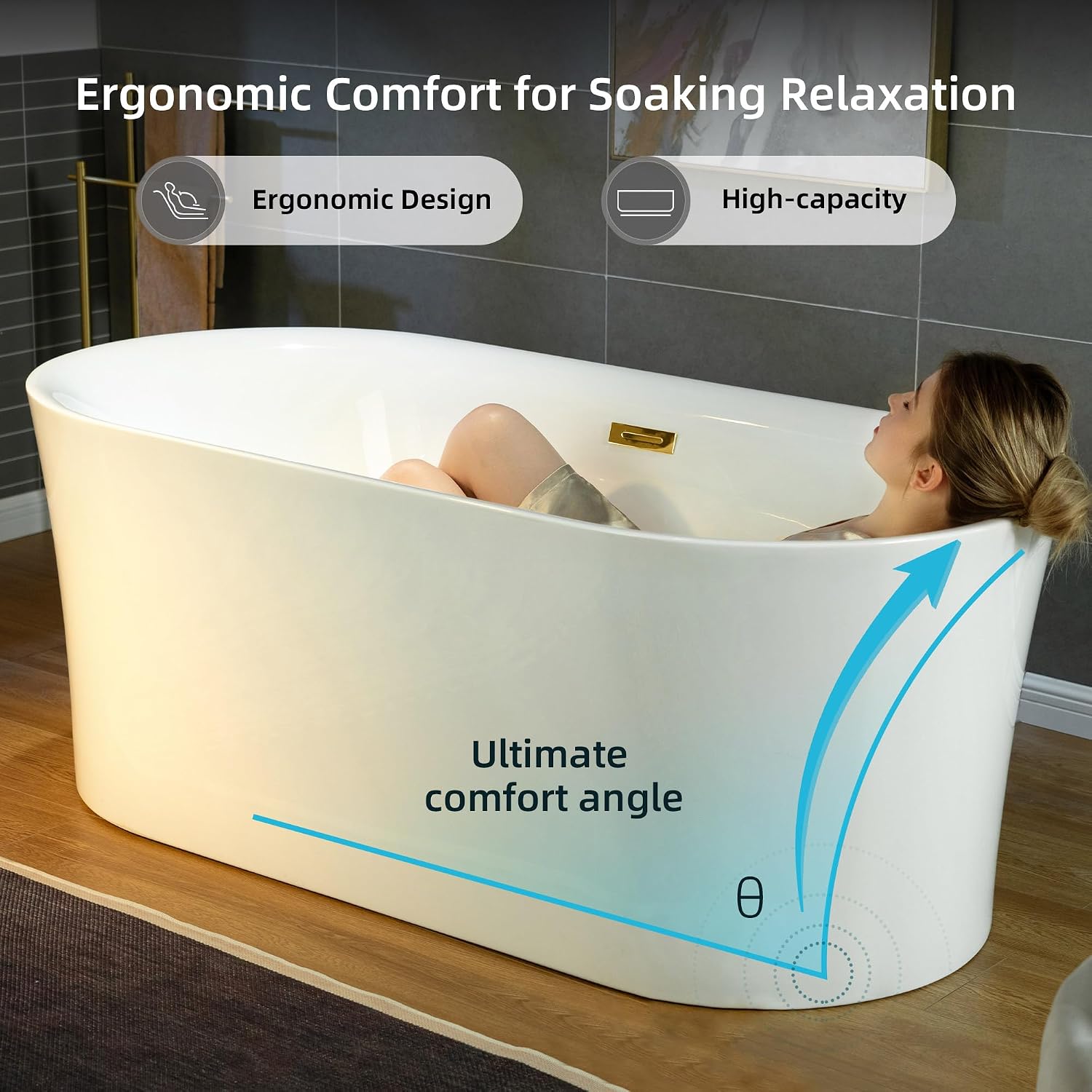 WOODBRIDGE 59' Acrylic Freestanding Bathtub Contemporary Soaking Tub with Brushed Gold Overflow and Drain,White Tub,B0058-BG