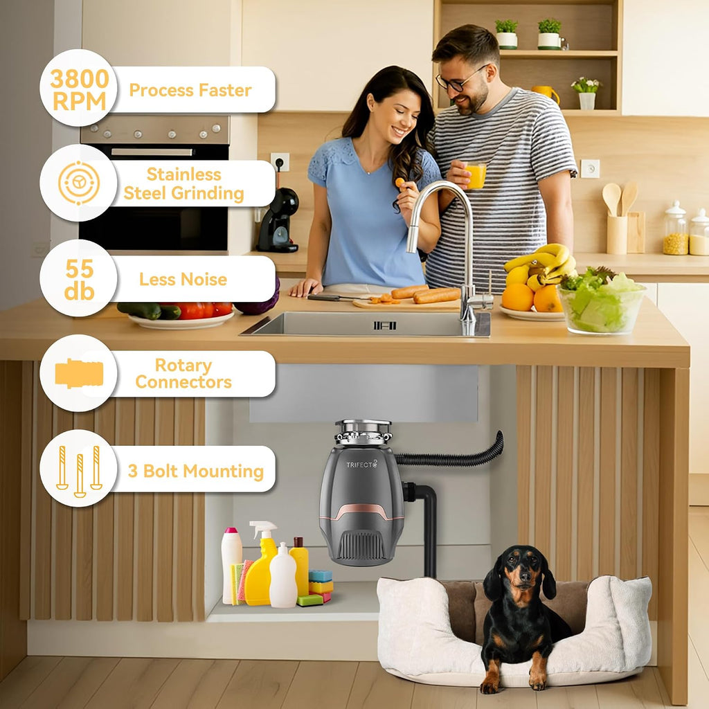 Trifecte Pro 3/4 HP Garbage Disposals with Sound Reduction,Food Waste Coutinuous Feed Garbage Disposal with Power Cord, Dishwasher Hook Up