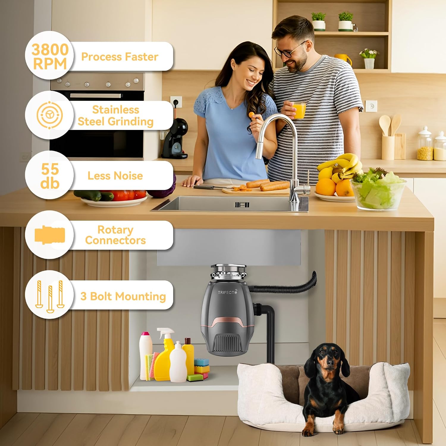 Trifecte Pro 3/4 HP Garbage Disposals with Sound Reduction,Food Waste Coutinuous Feed Garbage Disposal with Power Cord, Dishwasher Hook Up