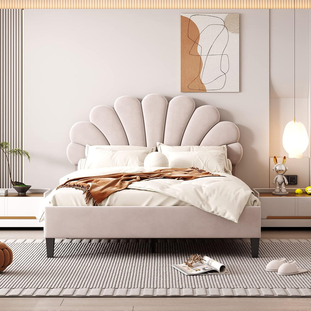 Full Size Velvet Upholstered Platform Bed with Flower Pattern Headboard,Bed Frame W/Wood Slat Support,for Bedroom,Apartment,Guest Room,Beige