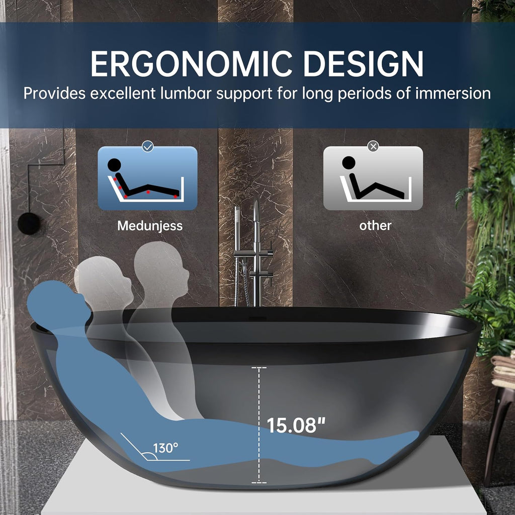 65'' Black Bathtub,Stone Resin Solid Surface Freestanding Bathtub, Modern Elegant Design Soaking Stand Alone Tub, Matte Black, Drain and Overflow Included