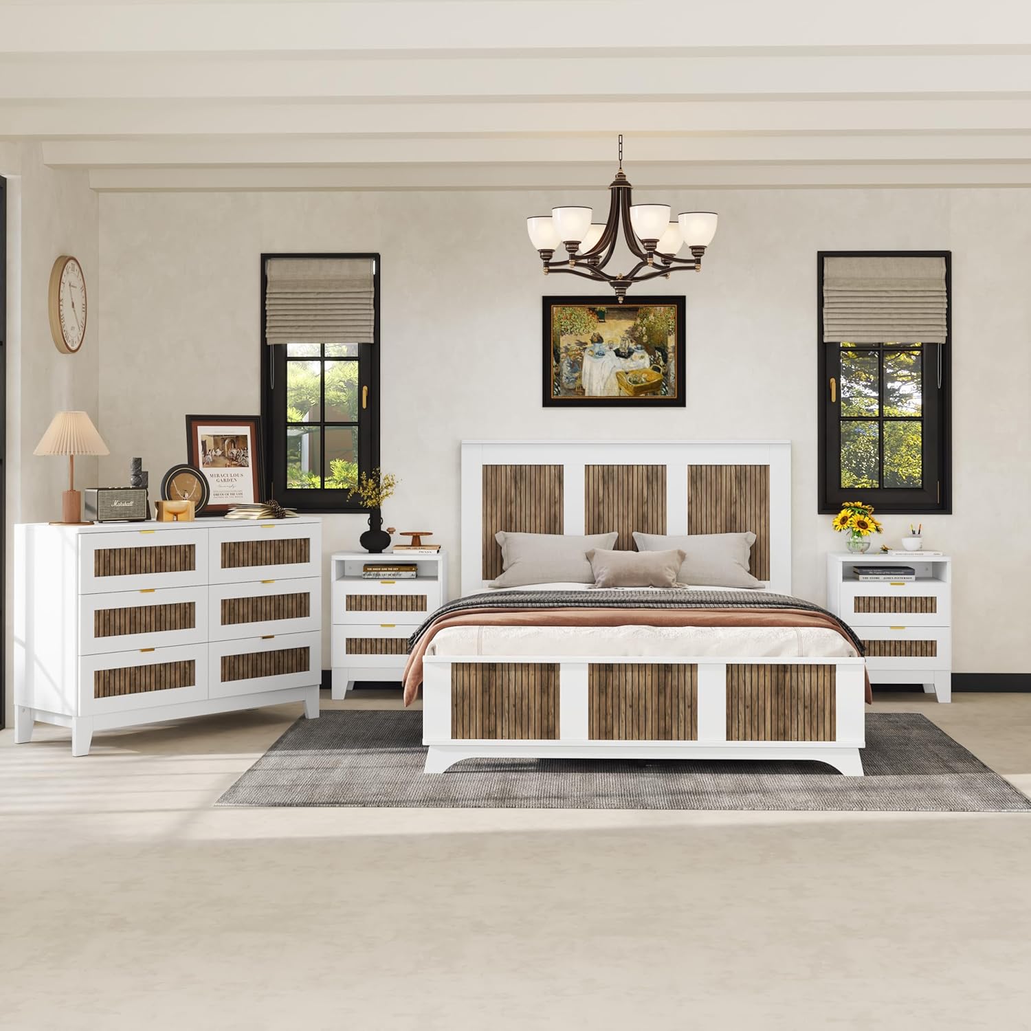 Harper & Bright Designs 4-Pieces Bedroom Sets, Queen Size Platform Bed with 2 Nightstands and A 6-Drawer Dresser, Queen Size Bedroom Set with Wooden Strip Decoration, White