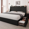 Feonase Upholstered King Size Bed Frame with 4 Storage Drawers, Large Wingback Headboard, No Box Spring Needed, Black