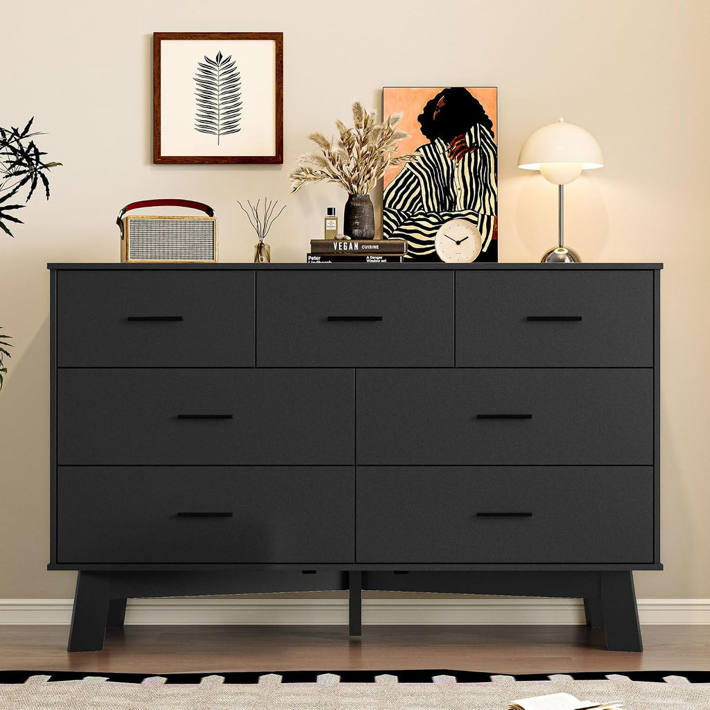 BORNOON Dresser for Bedroom with 7-Drawer, 47.2' Wide Modern Chest of Drawers with Metal Handles, X-Shape Base & Adjustable Center Leg, Anti-Tip Closet Organizers and Storage