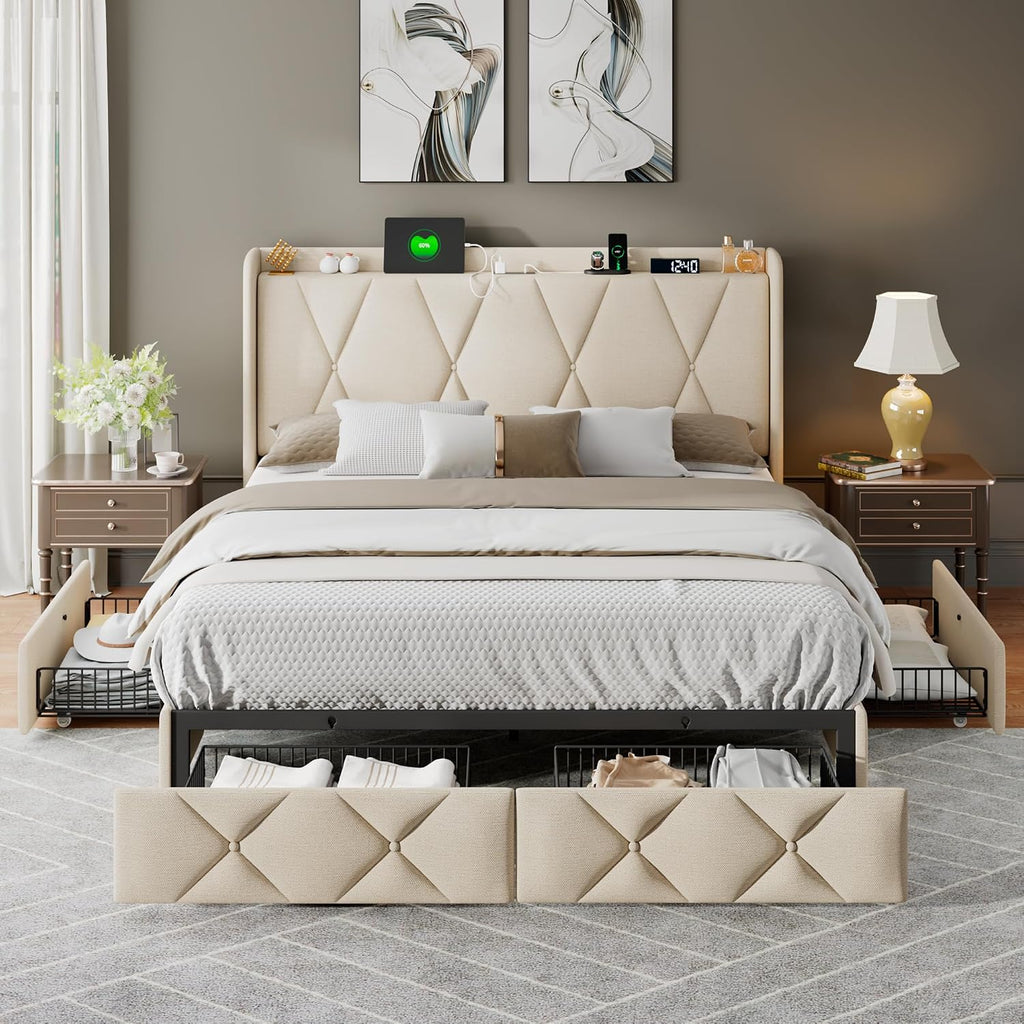 Feonase Queen Bed Frame with 4 Storage Drawers, Upholstered Button Tufted 4' Storage Headboard with Fast Charging Station, Heavy Duty Slats Support, No Box Spring Needed, Noise-Free, Beige