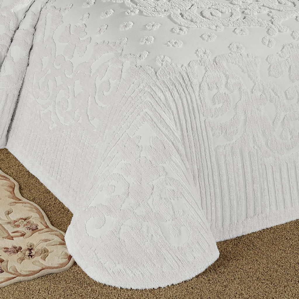 Laurent White Exceptionally Soft Cotton Bedding | Elegant Tufted Chenille Scrollwork Medallion Floral | Machine Washable | 5 Piece Set with Full Bedspread, 2 Standard Shams, and 2 Square Pillows