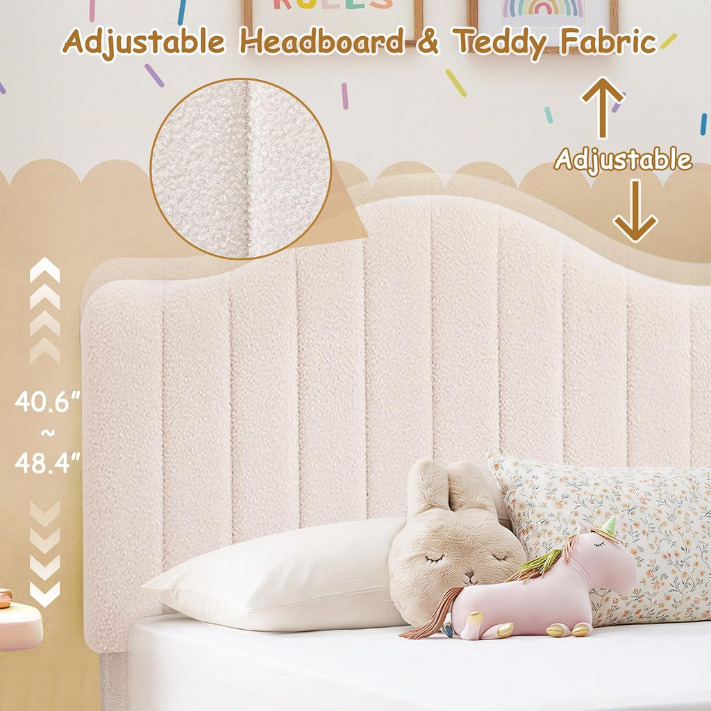 VECELO Twin Bed Frame Upholstered Platform Bed Frame with Height Adjustable Teddy Fabric Headboard, Strong Wood Slats Supports 7.9'' Under Bed Space Noise Free No Box Spring Needed, Beige
