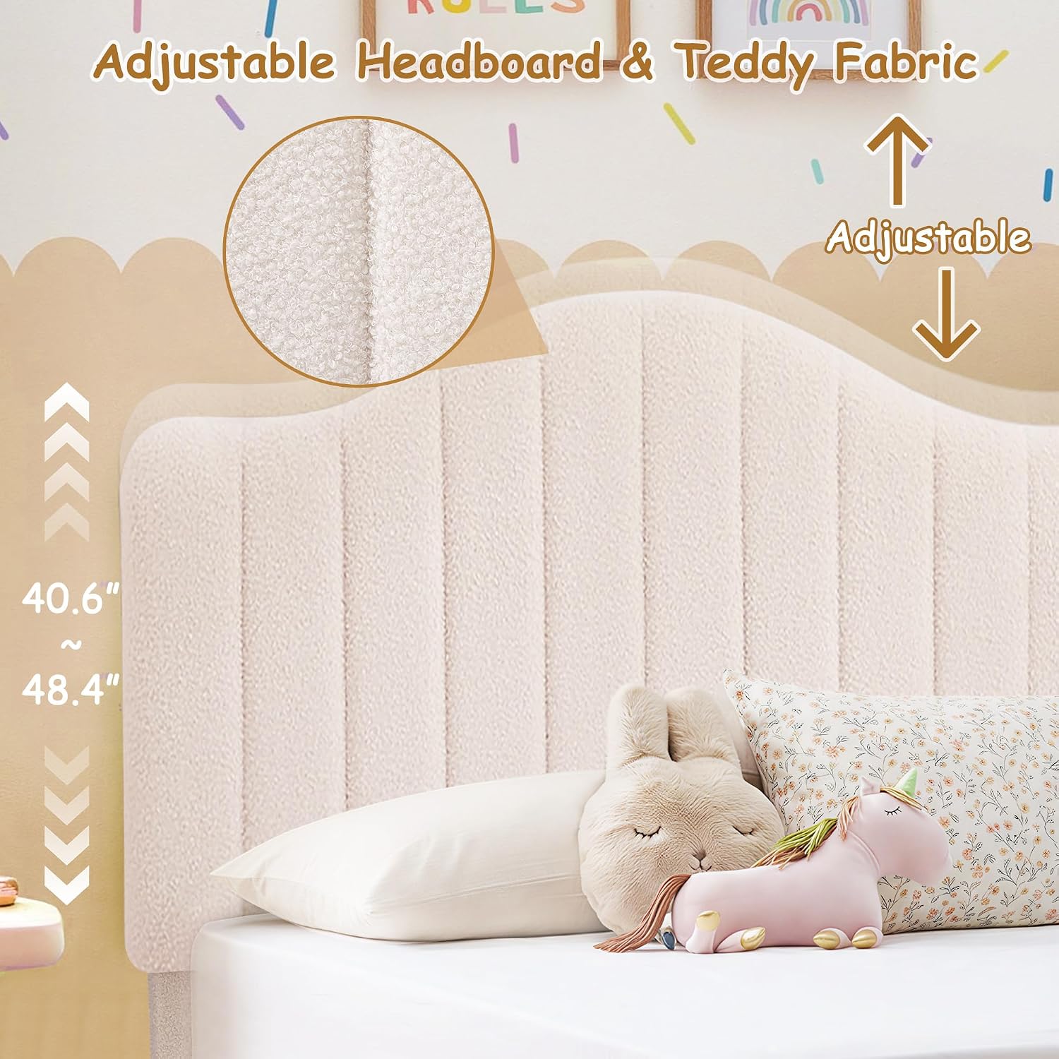 VECELO Twin Bed Frame Upholstered Platform Bed Frame with Height Adjustable Teddy Fabric Headboard, Strong Wood Slats Supports 7.9'' Under Bed Space Noise Free No Box Spring Needed, Beige