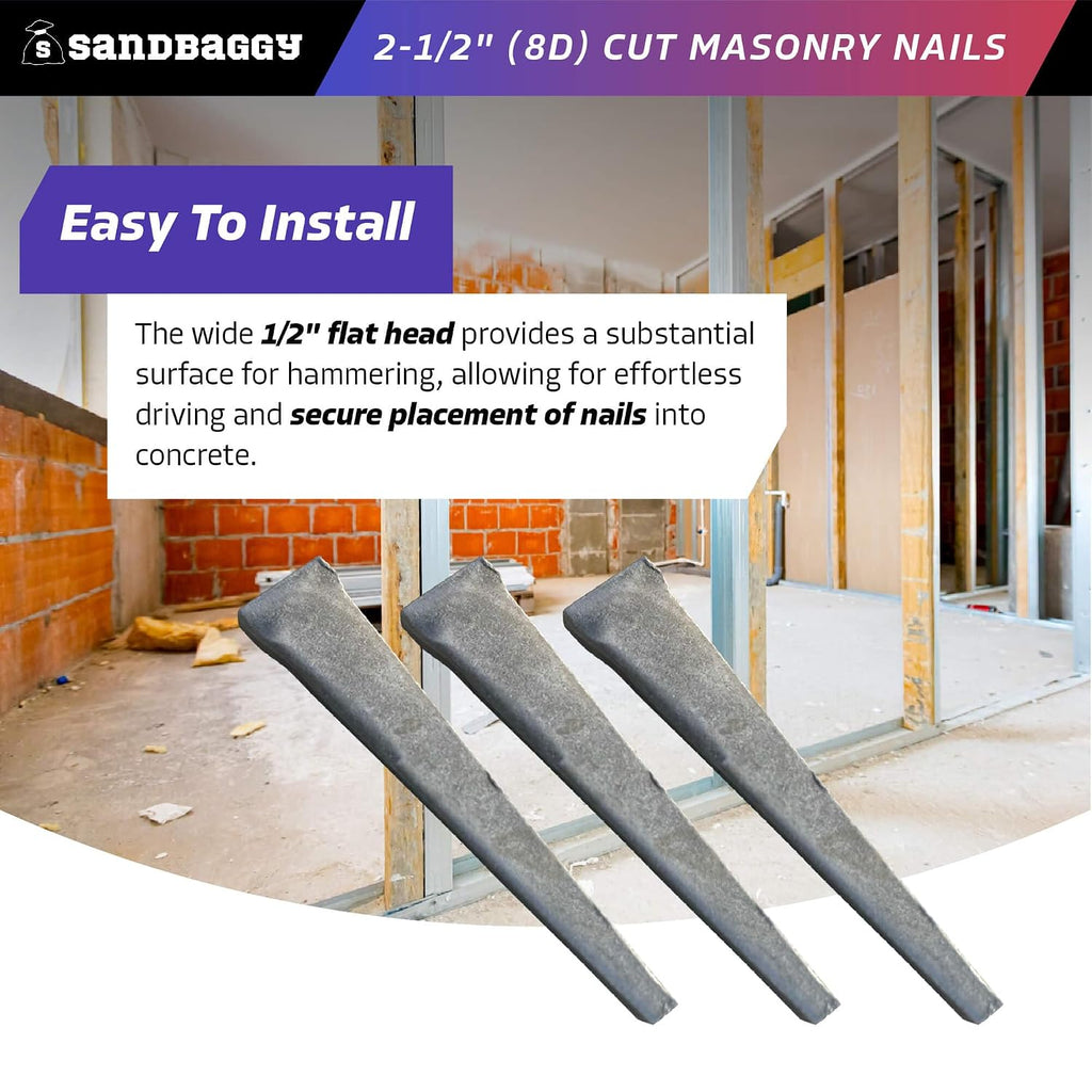 Sandbaggy 2-1/2 inch (8D) Square Cut Masonry Nails for Concrete, Brick, Mortar - 1/2' Wide Flat Heads - Construction, Cement, Brick Walls (1500)