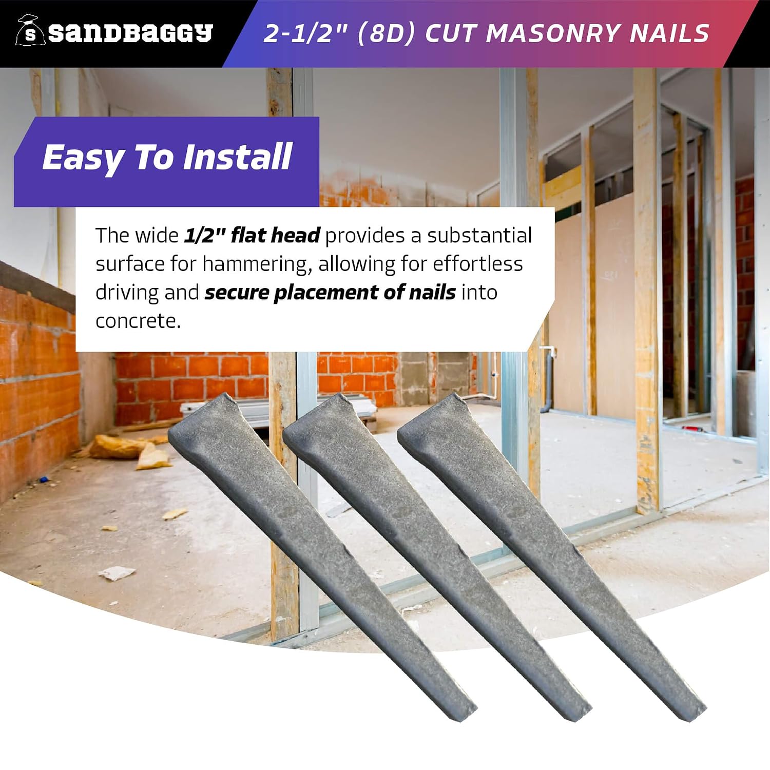 Sandbaggy 2-1/2 inch (8D) Square Cut Masonry Nails for Concrete, Brick, Mortar - 1/2' Wide Flat Heads - Construction, Cement, Brick Walls (1500)