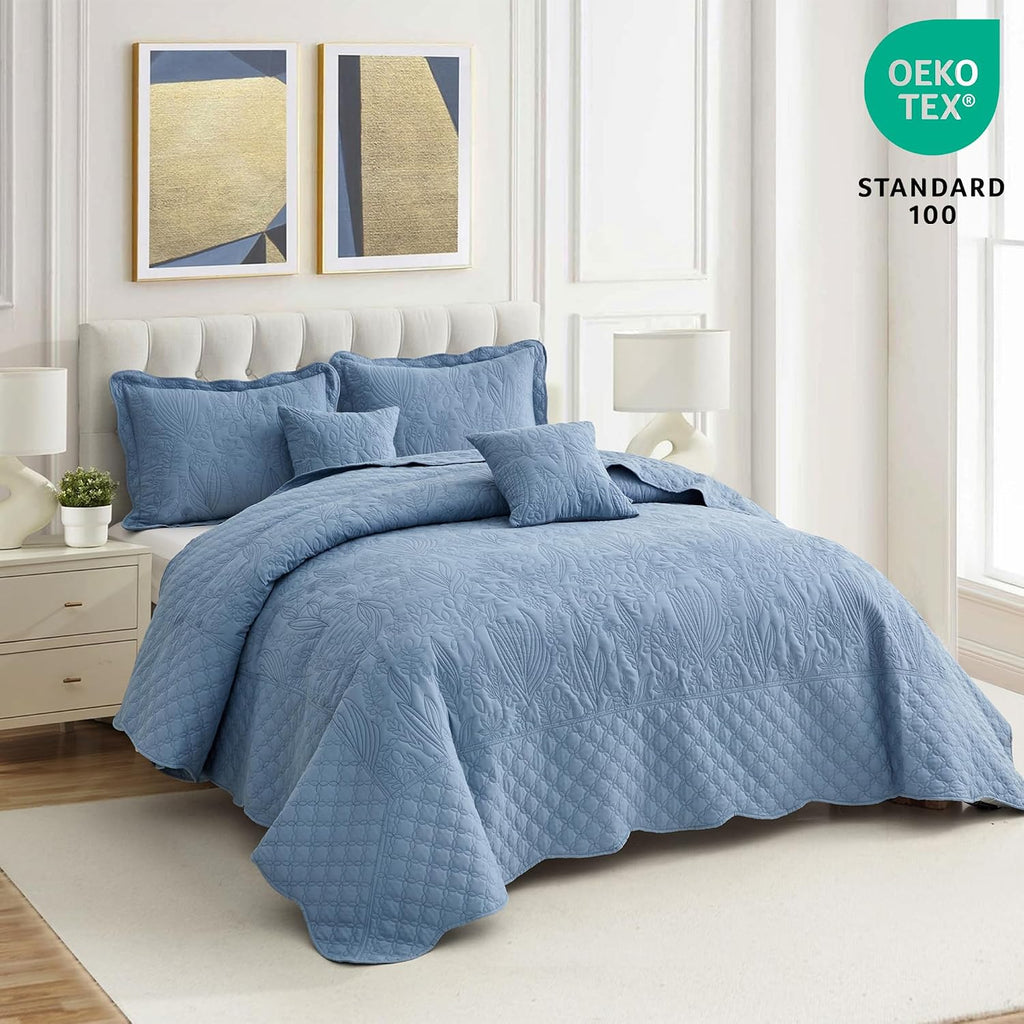 CHIXIN Botanical Oversized Bedspread King Size - Leaves Pattern Stitching Quilt Set - Elegant & Fresh Style Bedding Coverlets, Reversible, Lightweight, 5 Piece, Smokey Blue