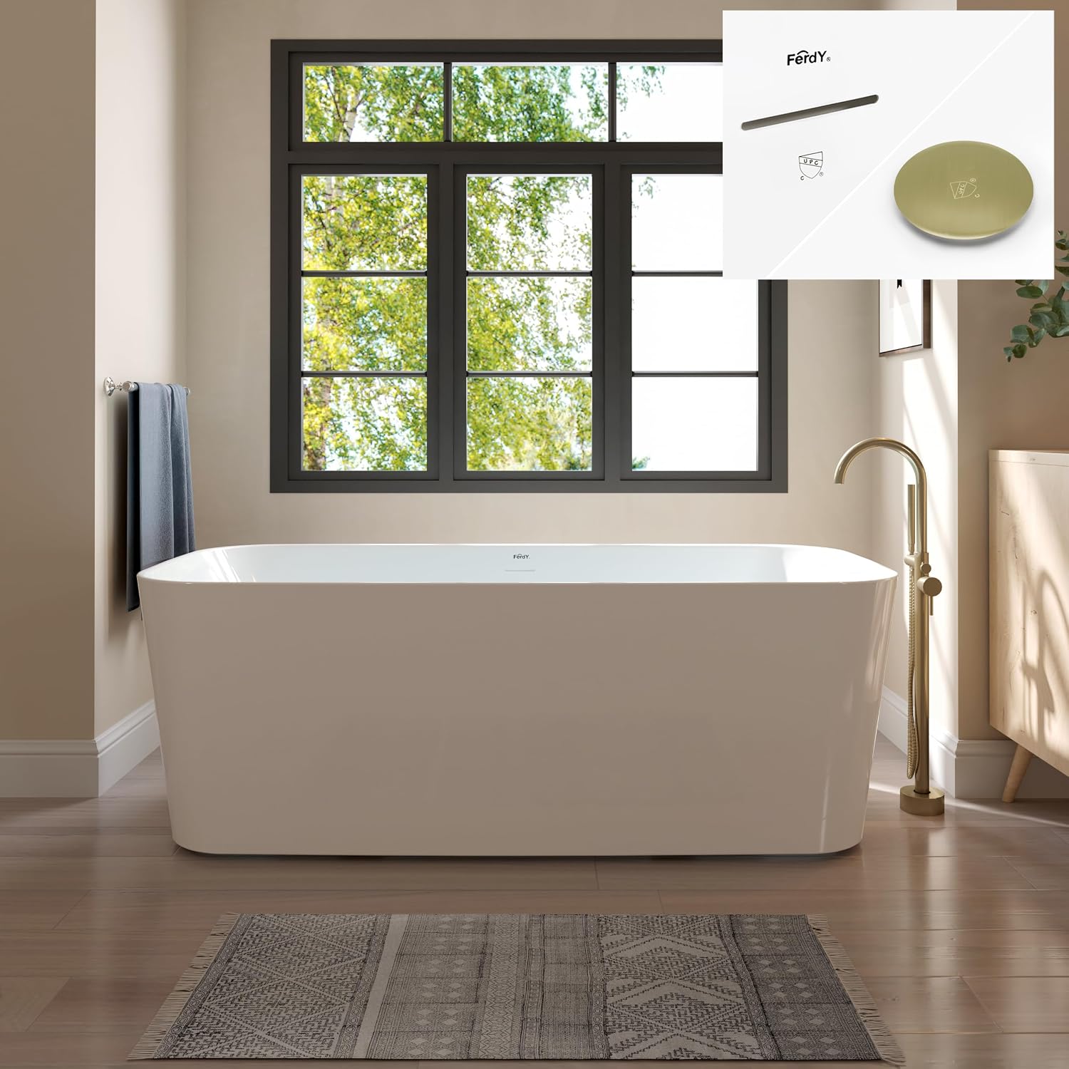 FerdY Maui 67' Acrylic Freestanding Bathtub, Contemporary Elegant Design Soaking Tub with Brushed Gold Drain and Minimalist Linear Design Overflow, Easy to Install