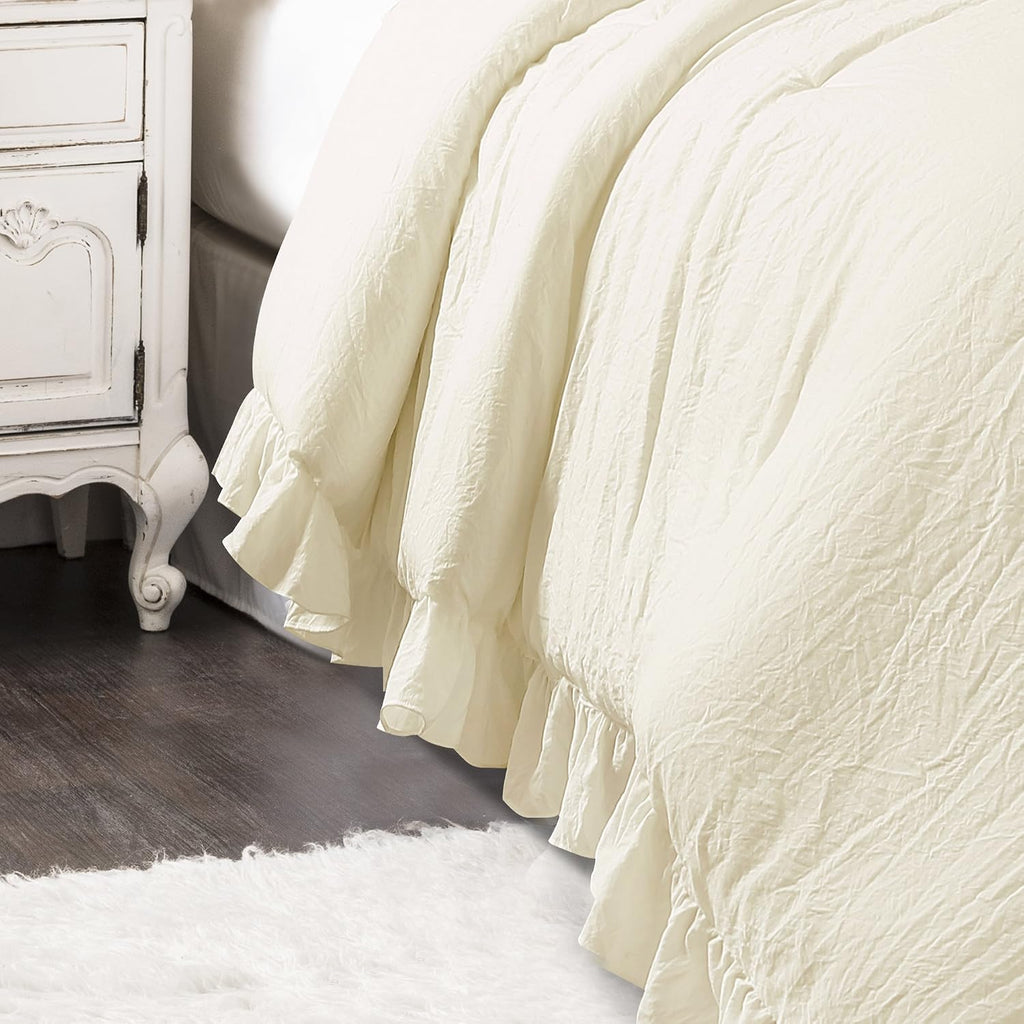 Lush Decor Reyna Ruffle Comforter Set - 3 Piece Cozy Ruffled Bedding Set - Timeless Elegance and Comfort for Dorm Room - Full/ Queen, Ivory
