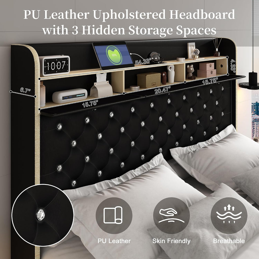 Full Led Bed Frame with Galaxy Aurora Star Projector, Full Size Platform Bed with 2 Storage Drawers, 52' Diamond Upholstered Headboard with Charging Station, Noise Free, No Box Spring Needed, PU Black