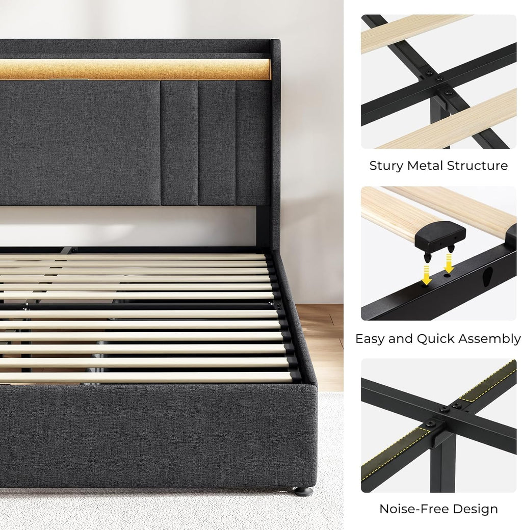 Koorlian Queen Size Upholstered Bed Frame with 2-tier Storage Headboard and 4 Dustproof Drawers, 51'' Tall LED Platform Bed Frames with Adjustable Headboard, USB/Type-C Charging and Side Storage, Grey
