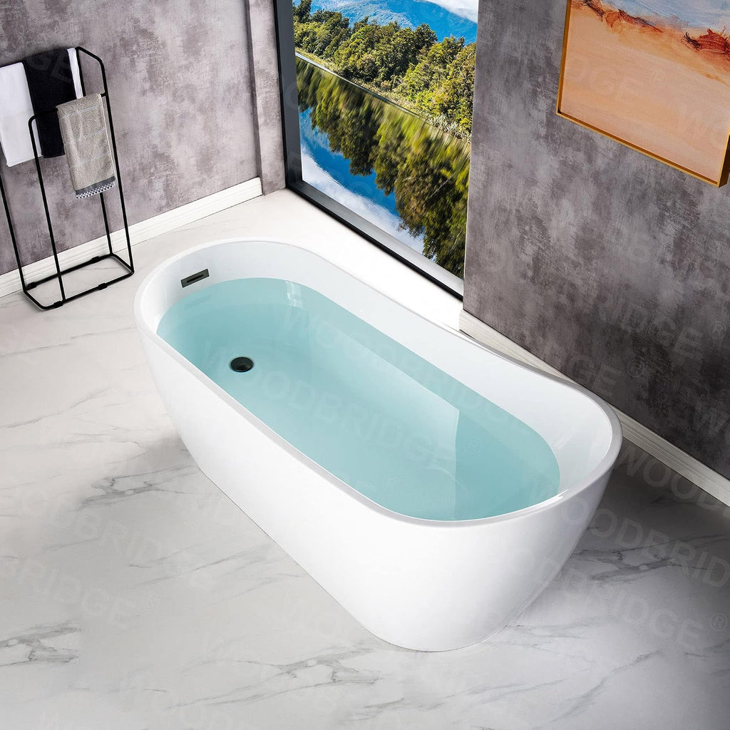 WOODBRIDGE 67' Acrylic Freestanding Bathtub Contemporary Soaking White Tub with Matte Black Overflow and Drain，B0001 -MB-Drain &O