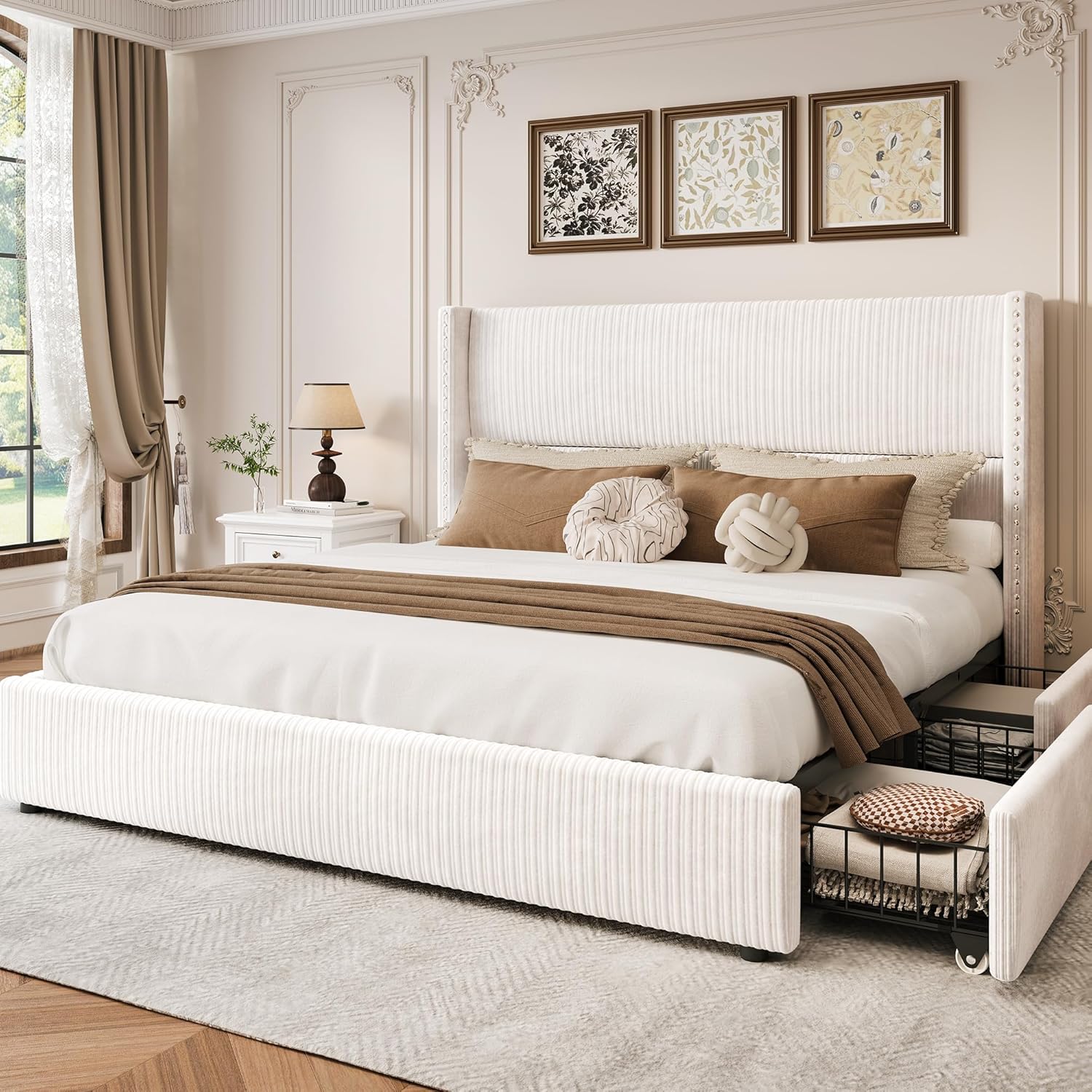 LARMACE Queen Bed Frame with 4 Storage Drawers,Upholstered Bed Frame Queen Size with Headboard Corduroy Platform Bed Frame with Vertical Stripe,Solid Wood Leg/No Box Spring Needed/Noise Free,White