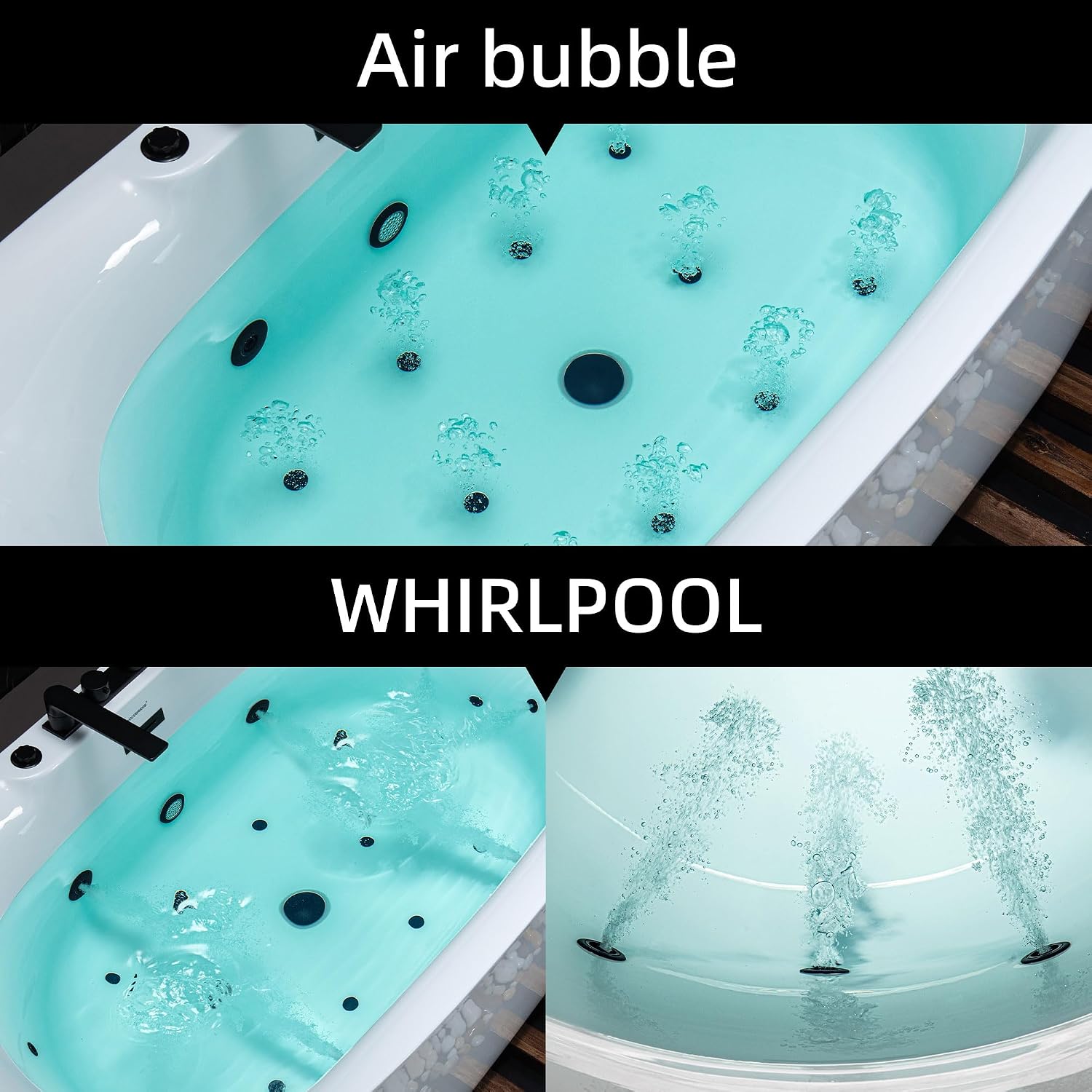 WOODBRIDGE 72' x 35-3/8' Whirlpool and Air Bath Heated Soaking Combination Tub with Adjustable Speed Air Blower, Tub Filler, and LED control panel, Matte Black Finish Trim and Drain Kit,BM-400+F0051