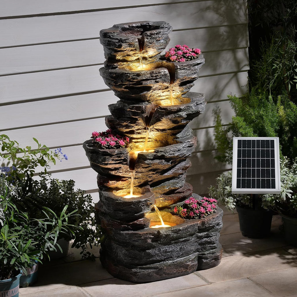 6-Tier Rock Solar Outdoor Water Fountain, 32.7' H Cascading Solar Powered Garden Waterfall Fountains with LED Lights for Patio, Balconies, Lawns, Deck, Porch, Backyard and Home Art Decor