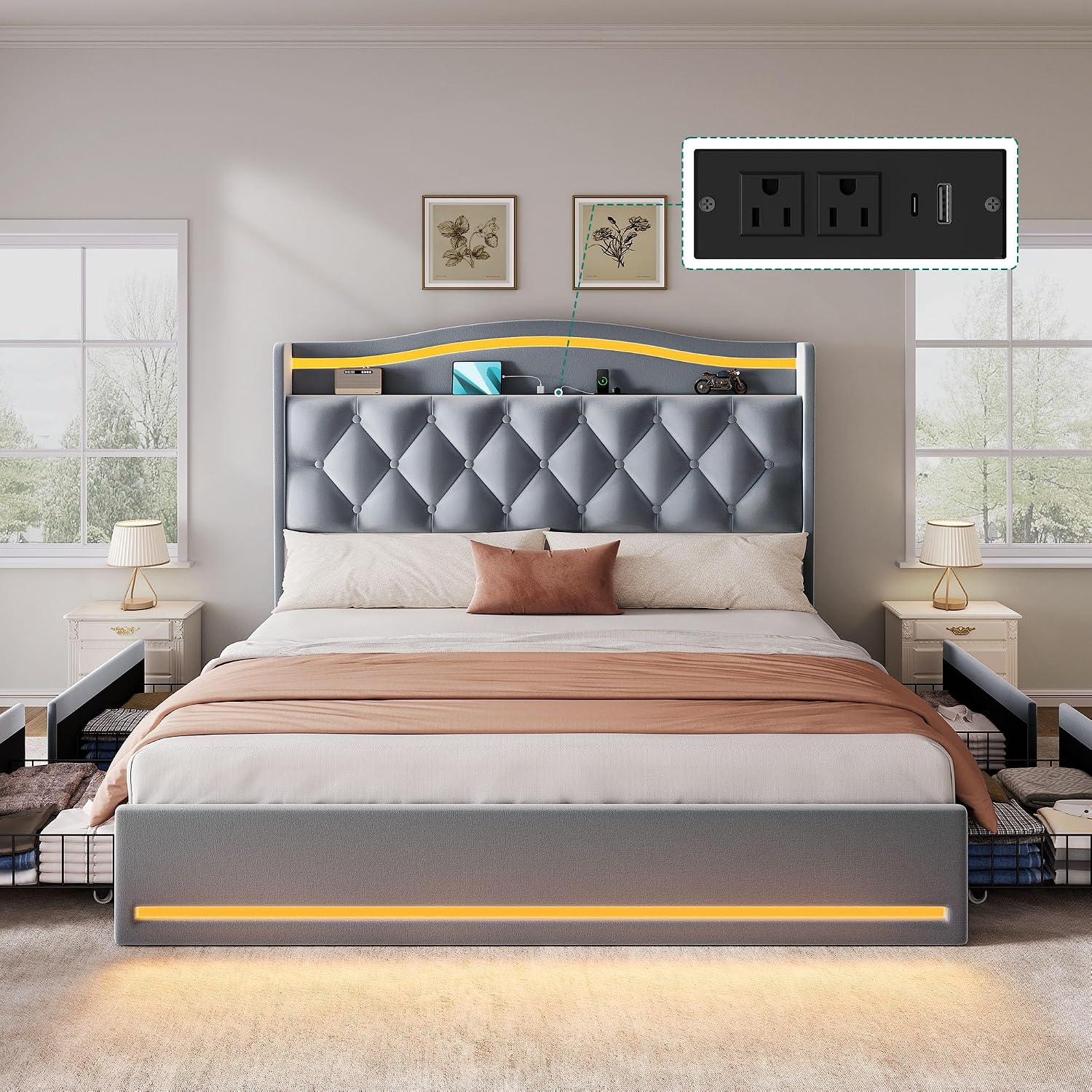 YITAHOME Queen Size Bed Frame with 4 Storage Drawers and RGB LED Lights, 57'' Tall Headboard Velvet Upholstered Bed with Charging Station, No Box Spring Needed, Easy Assembly, Noise-Free, Grey