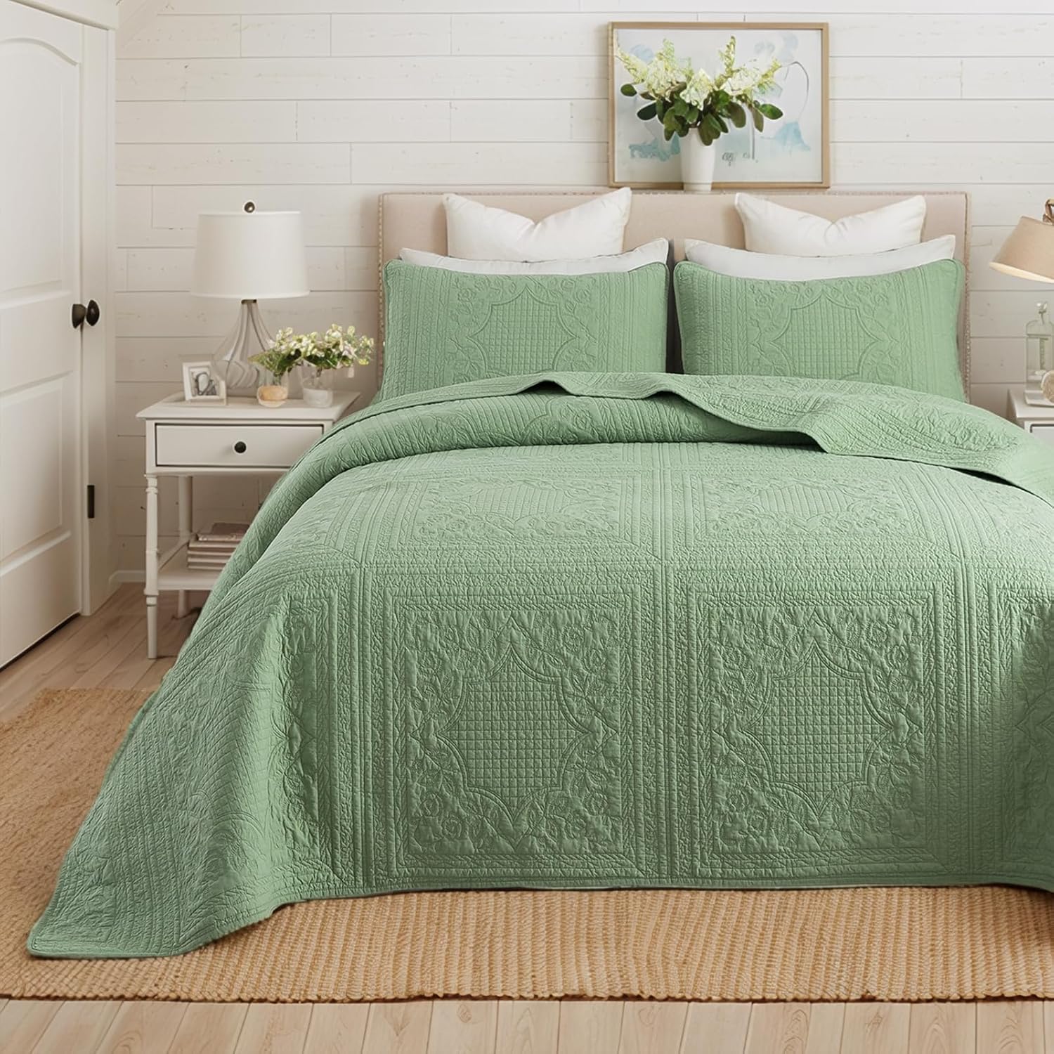 Brandream Queen Size Quilt Set Cotton Sage Green Quilts Cottage Core Bedding Matelasse Coverlet Set 3-Piece