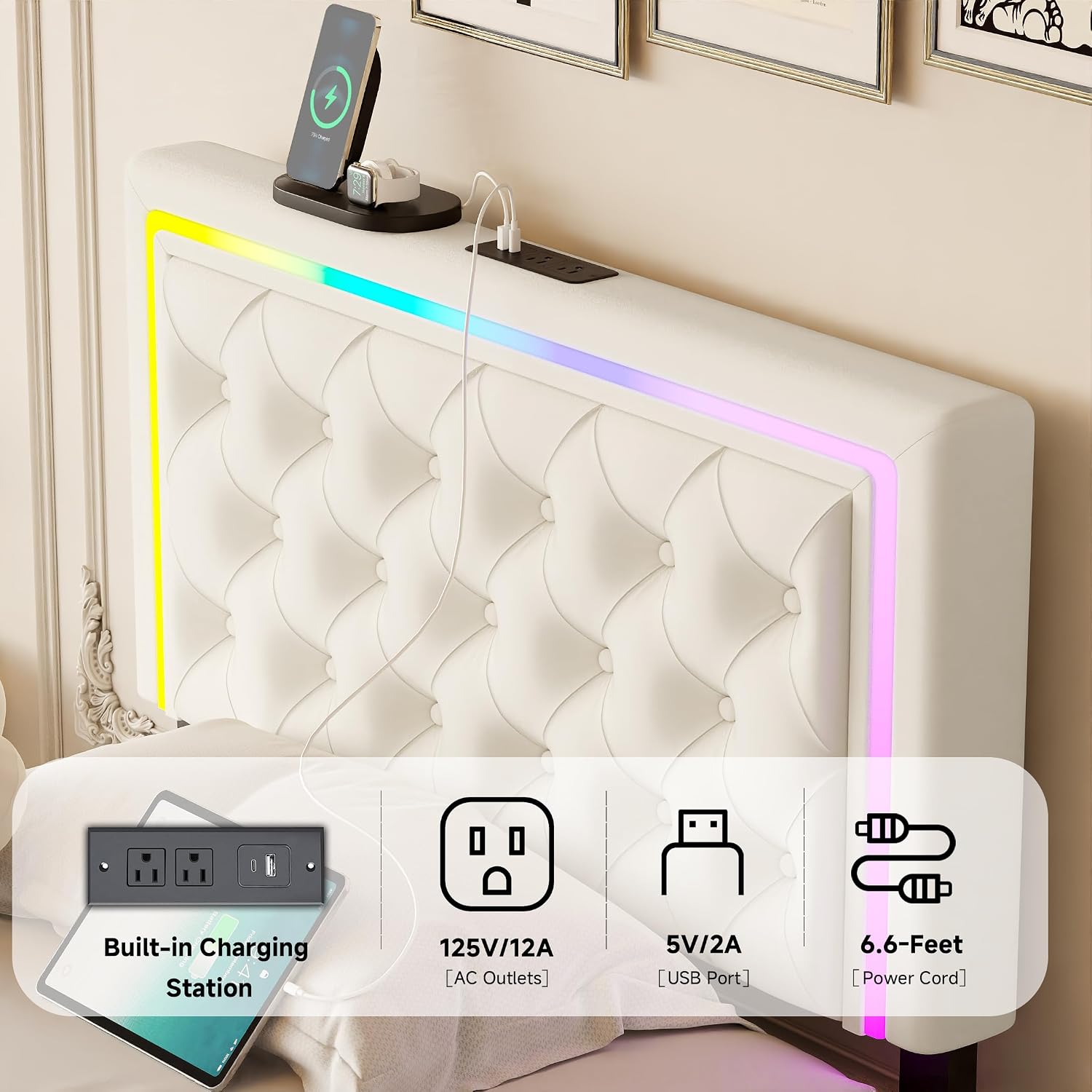 LED Twin Bed Frames with Headboard and Storage,Twin Size Bed Frames with 4 Storage Drawers and LED Lights,Velvet Upholstered Platform Twin Bed Frame with Charging Station,No Box Spring Needed,White