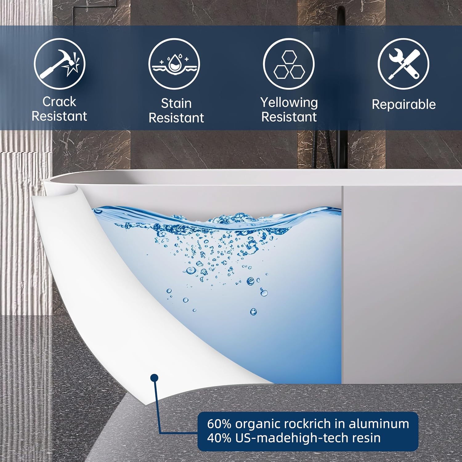 67'' Freestanding Bathtub Resin Stone Deep Soaking Tubs Solid Surface Matte Tub with Overflow and Pop-up Drain