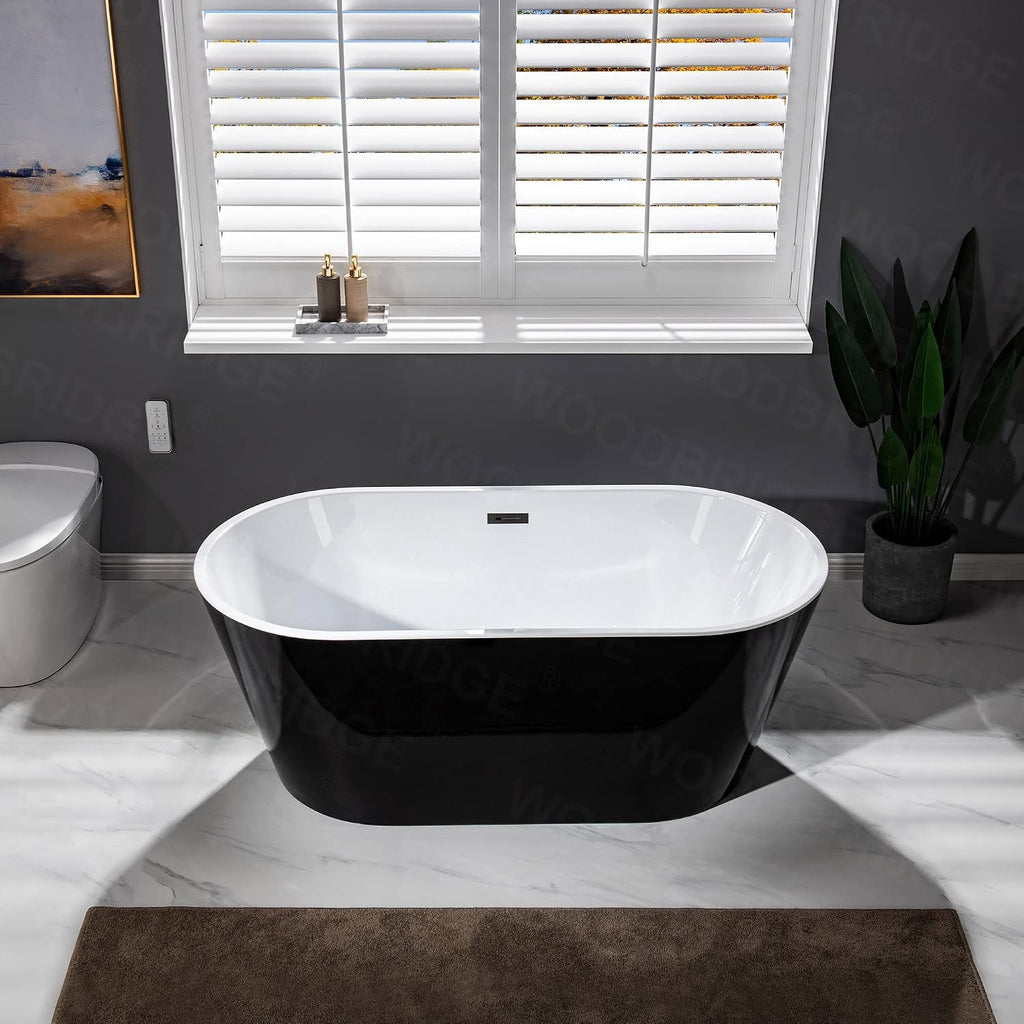 WOODBRIDGE 59' Acrylic Freestanding Bathtub Contemporary Soaking Black Tub with Matte Black Overflow and Drain，B1814-MB