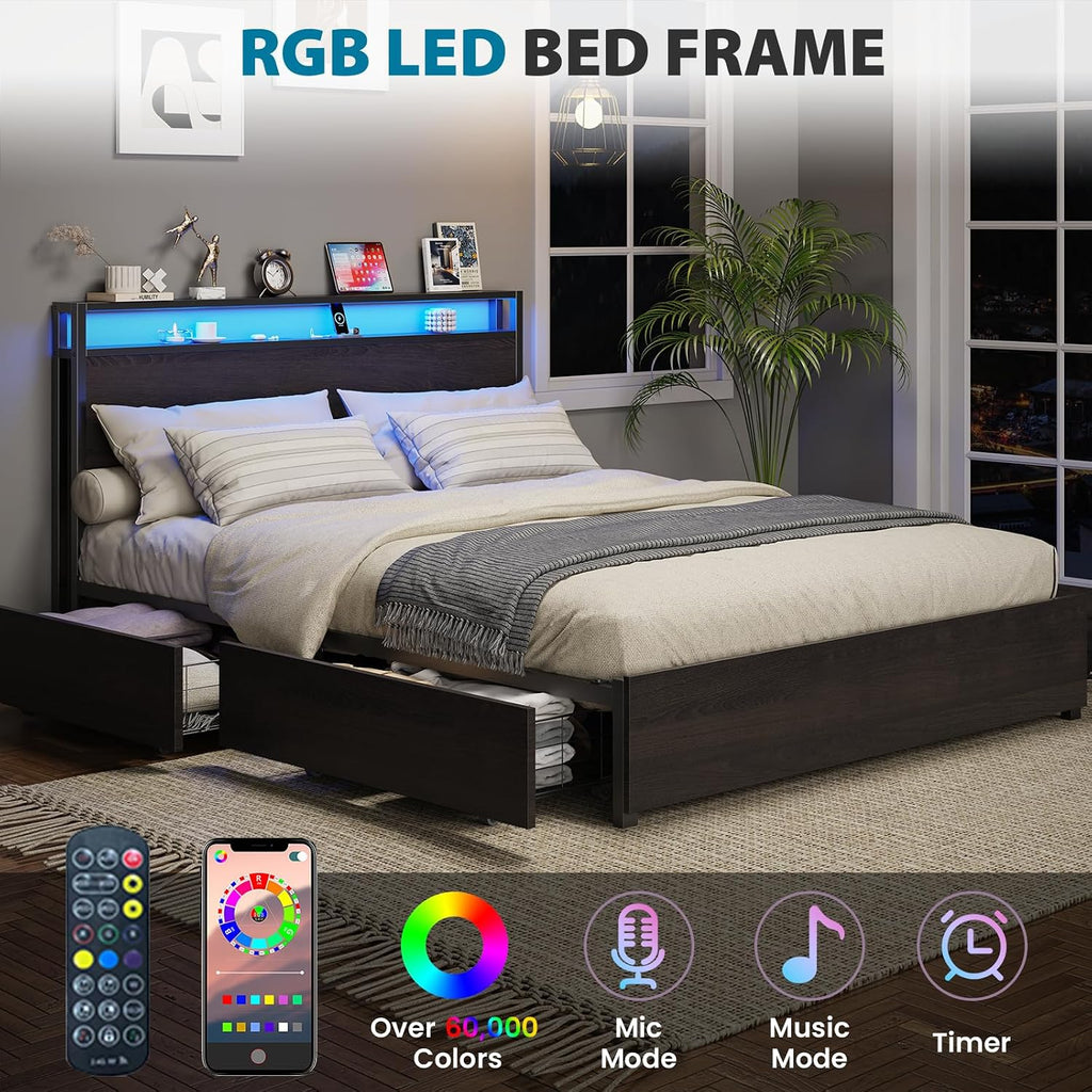 Kiivakii Queen Size Bed Frame with 4 Storage Drawers, LED Platform Bed with Headboard, Built in Charging Station, Noise Free, Metal Support Base, No Box Spring Needed, Black
