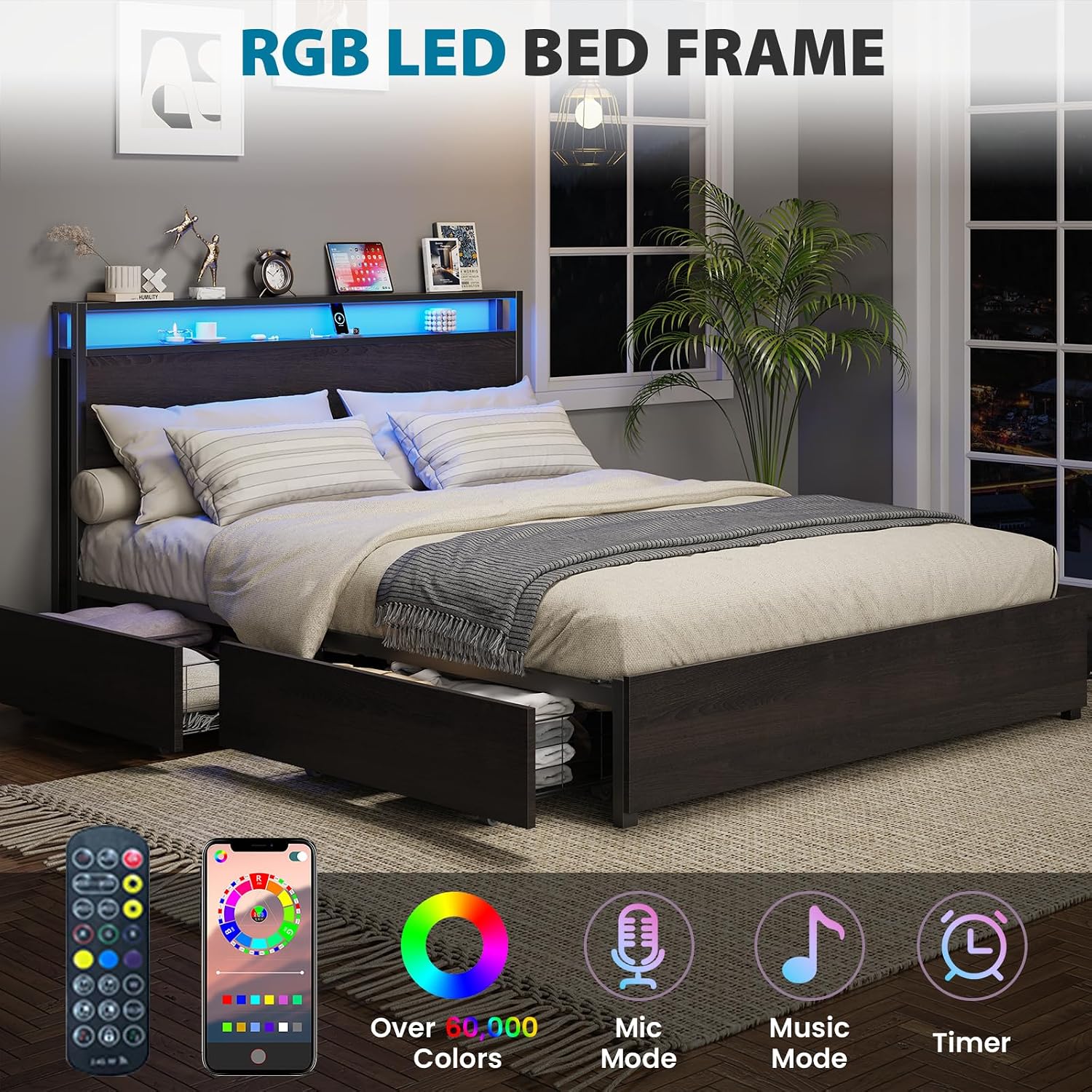 Kiivakii Queen Size Bed Frame with 4 Storage Drawers, LED Platform Bed with Headboard, Built in Charging Station, Noise Free, Metal Support Base, No Box Spring Needed, Black