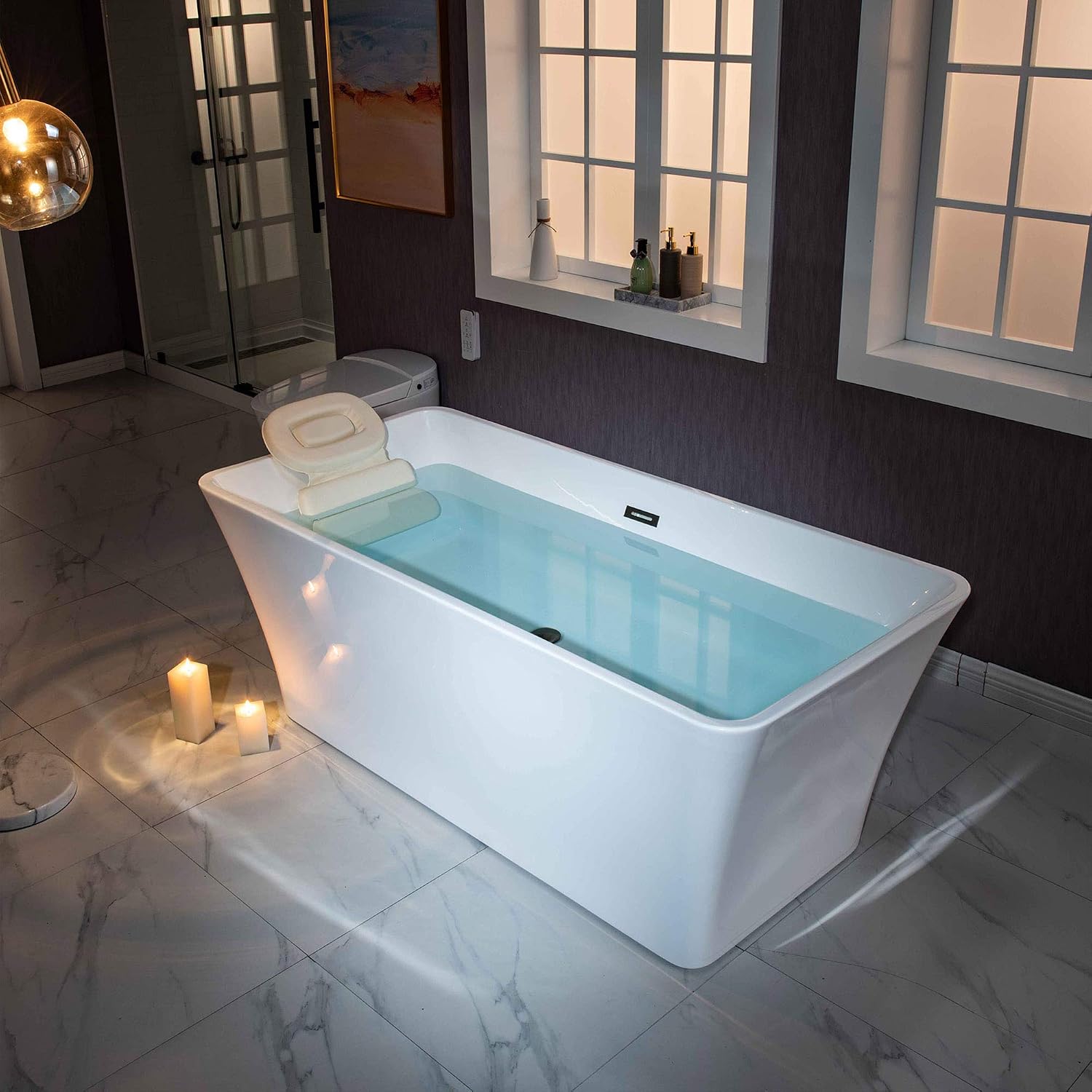 WOODBRIDGE 59' Acrylic Freestanding Bathtub Contemporary Soaking White Tub with Matte Black Overflow and Drain，BTA1509 -MB-Drain &O