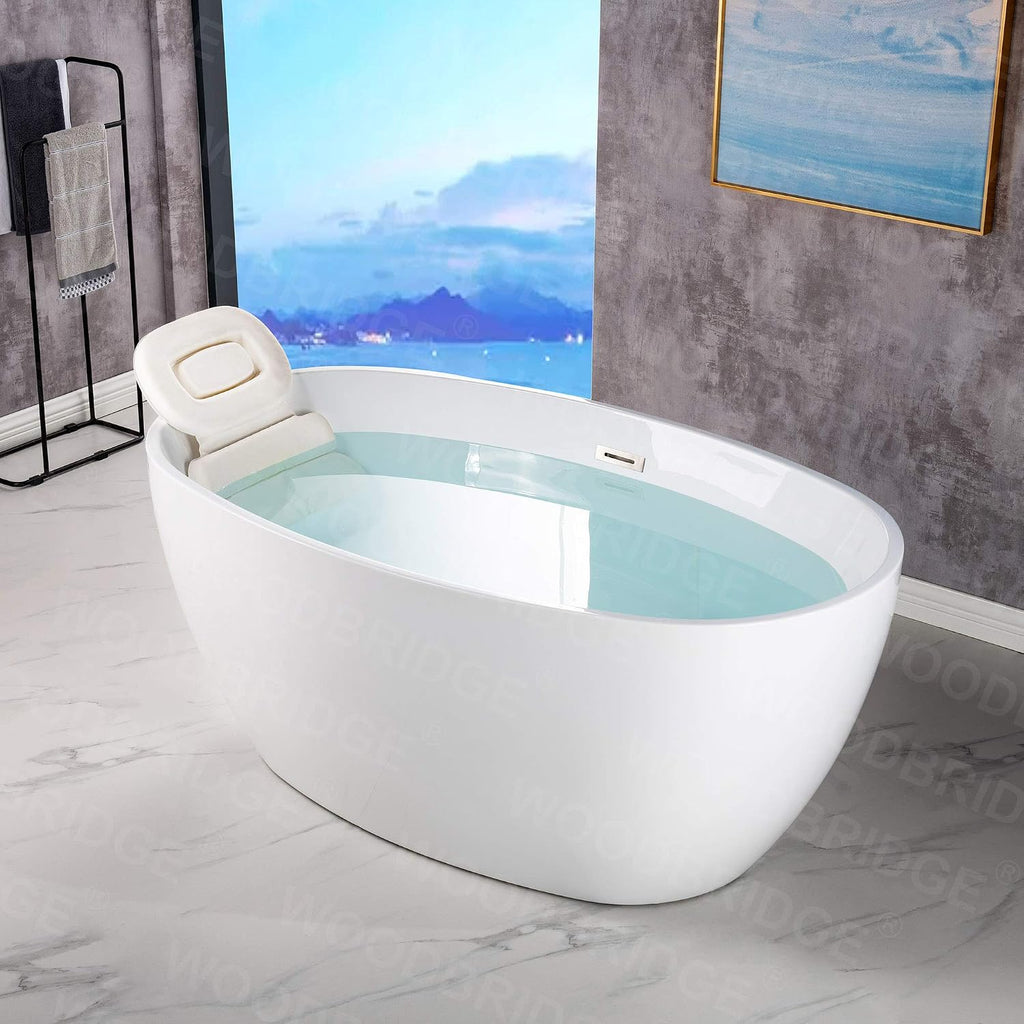 WOODBRIDGE 55' Acrylic Freestanding Bathtub Contemporary Soaking White Tub with Brushed Nickle Overflow and Drain，B1418 -B/N-Drain &O