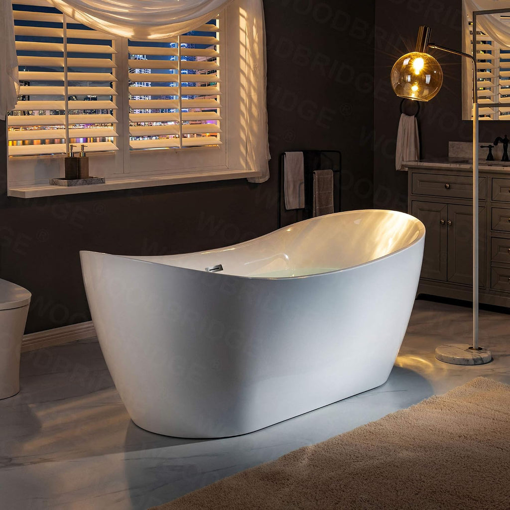 WOODBRIDGE 71'Freestanding White Acylic Soaking Bathtub with Drain Kit and Floor Mount Tub Filler in Brushed Nickel,BTA1517 -B/N-Drain &O +F0001BNSQ