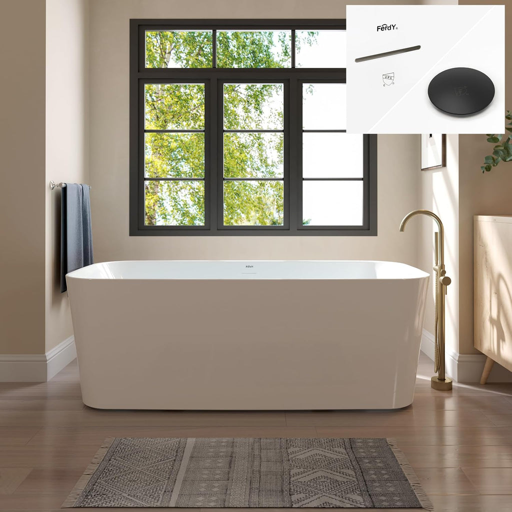 FerdY Maui 67' Acrylic Freestanding Bathtub, Contemporary Elegant Design Soaking Tub with Matte Black Drain and Minimalist Linear Design Overflow, Easy to Install