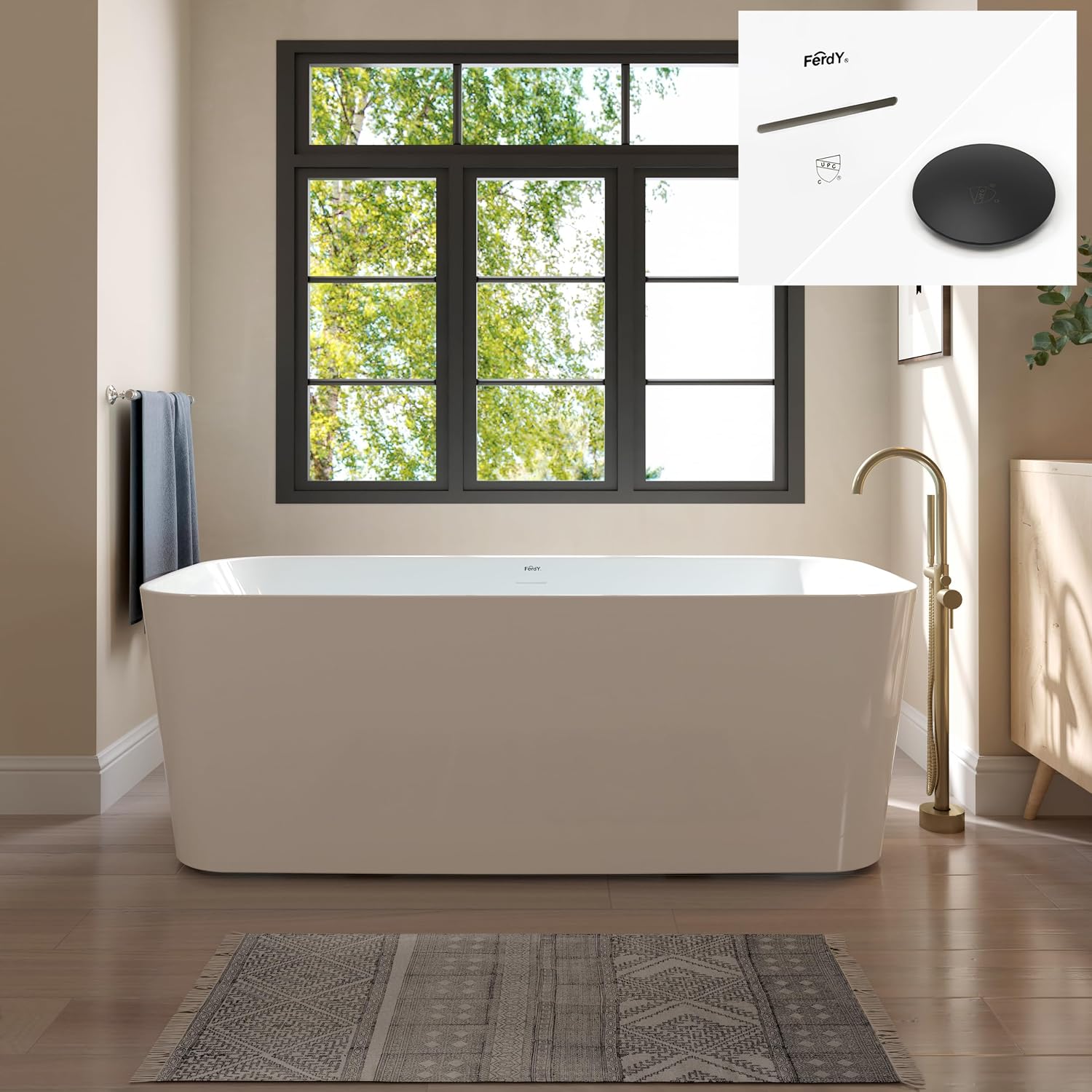 FerdY Maui 67' Acrylic Freestanding Bathtub, Contemporary Elegant Design Soaking Tub with Matte Black Drain and Minimalist Linear Design Overflow, Easy to Install