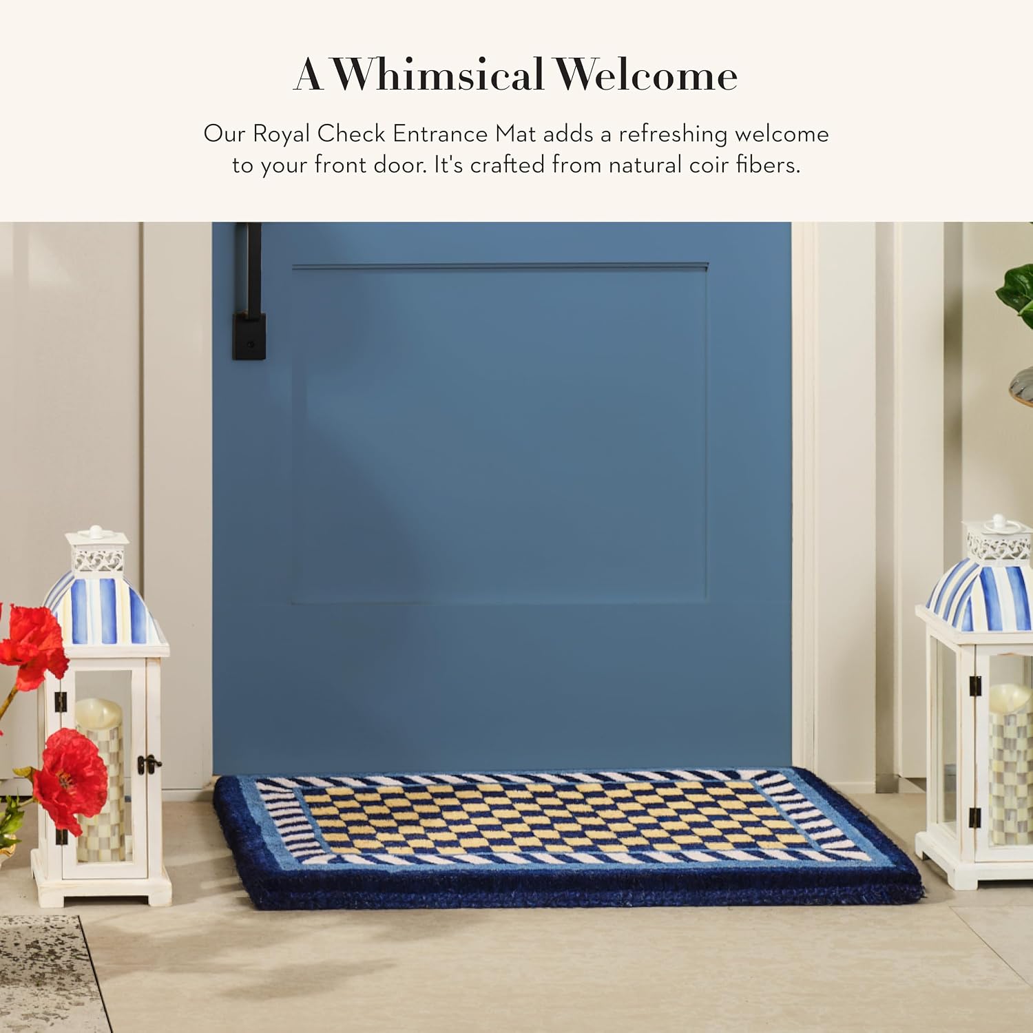MACKENZIE-CHILDS Entrance Mat, Decorative Outdoor Front-Door Mat, Coir Doormat, Blue-and-White Royal Check
