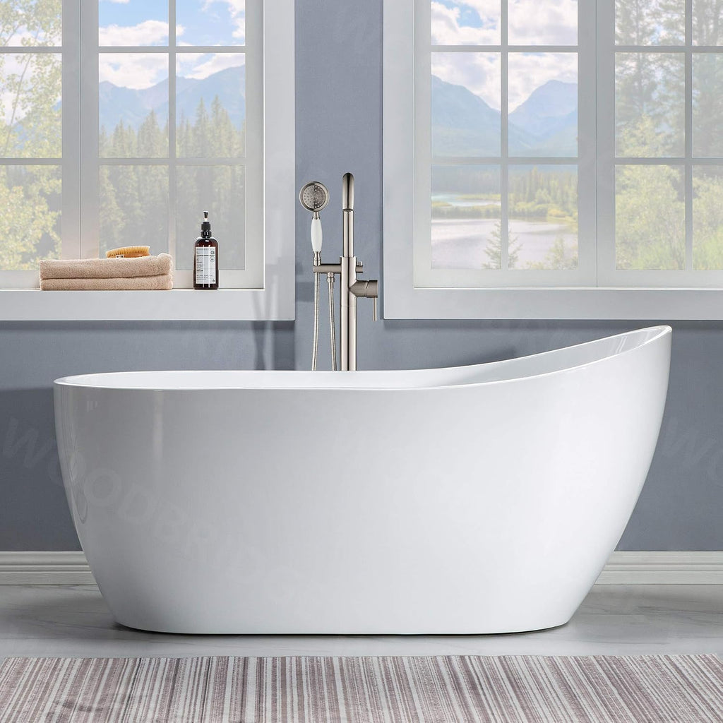 WOODBRIDGE 59' Acrylic Freestanding Bathtub Contemporary Soaking White Tub with Brushed Nickel Overflow and Drain，B-1530 -B/N-Drain &O