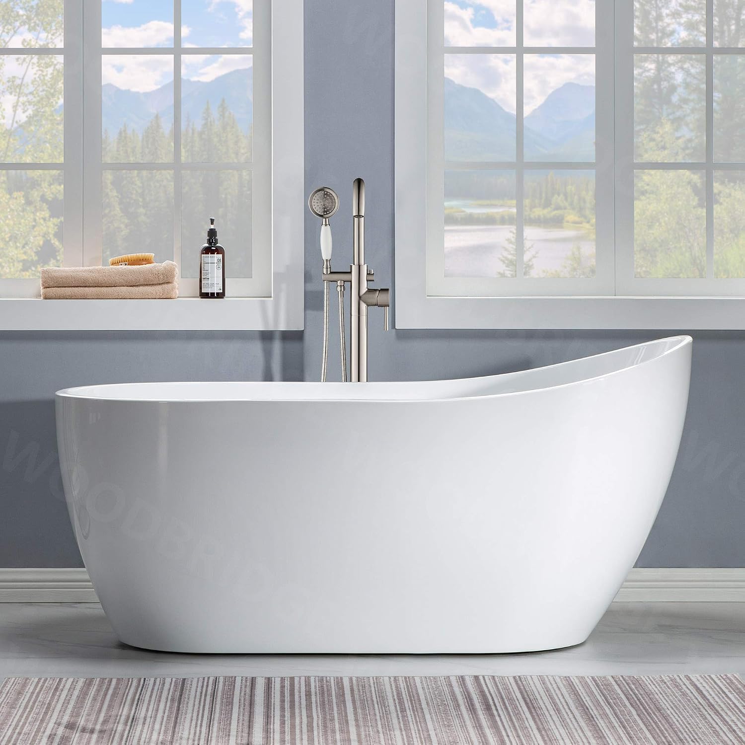 WOODBRIDGE 59' Acrylic Freestanding Bathtub Contemporary Soaking White Tub with Brushed Nickel Overflow and Drain，B-1530 -B/N-Drain &O