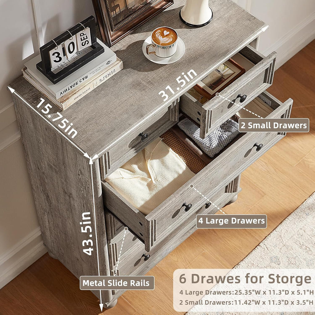 RWYHG Farmhouse 6 Drawer Dresser Set of 2, Chest of Drawers for Bedroom, 43.5' Tall Grey Dresser with Roman Column, Rustic Wood Storage Dressers Organizer for Living Room, Hallway, Closet