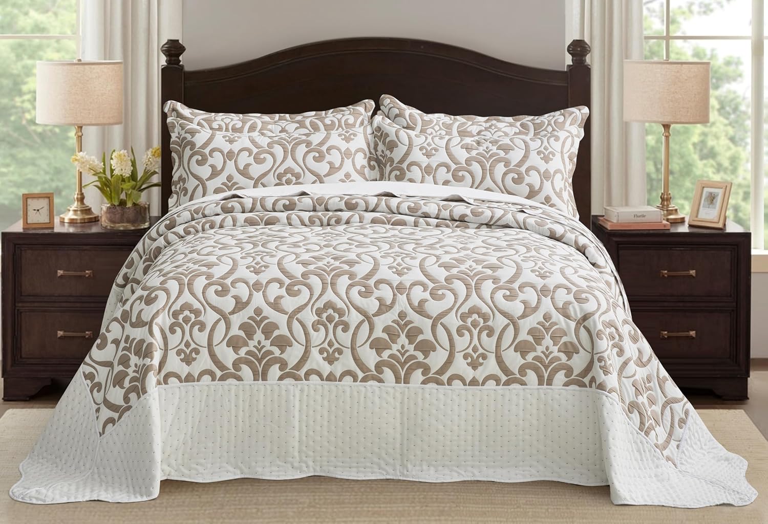Chezmoi Collection Oversized Bedspread 128x120, Jacquard Matelasse Floral Damask Design, 5-Piece Lightweight Reversible Microfiber Coverlet Set Textured Dot Border, Super King, Taupe/White