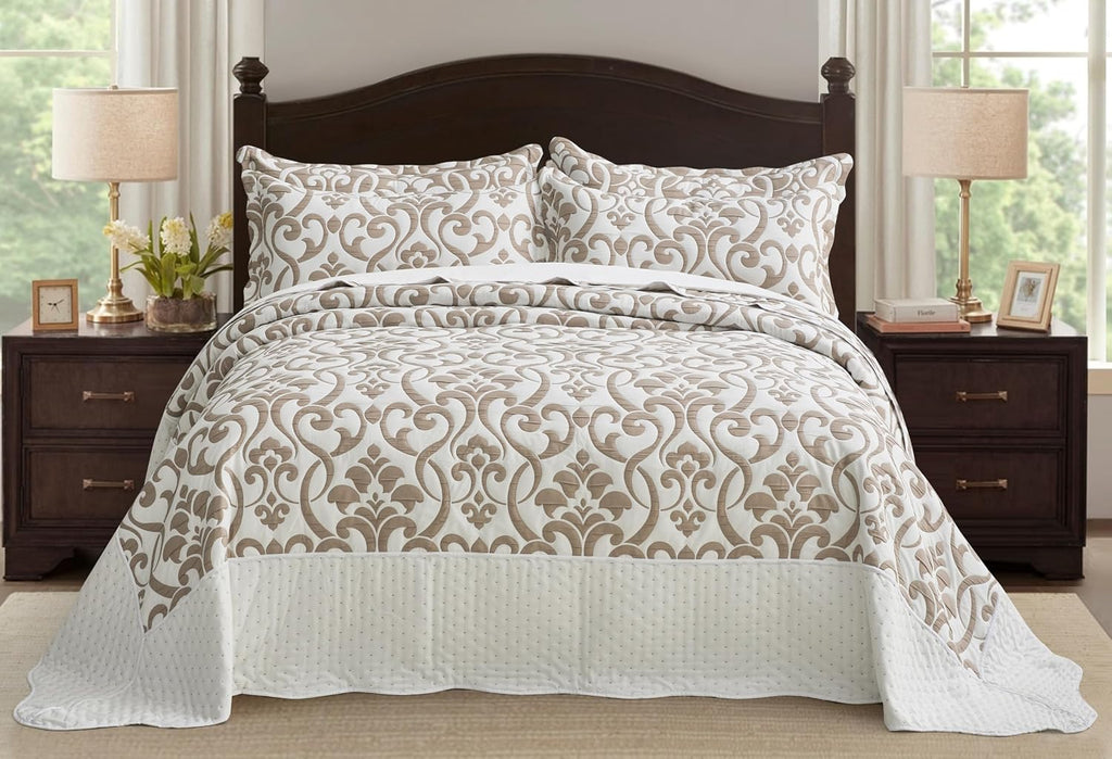 Chezmoi Collection Oversized Bedspread 138x122, Jacquard Matelasse Floral Damask Design, 5-Piece Lightweight Reversible Microfiber Coverlet Set Textured Dot Border, Alaskan King, Dark Gray/White