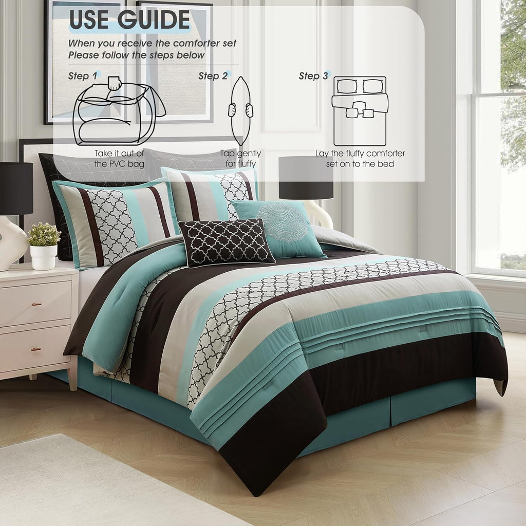 LANCO MODERN LIFESTYLE Queen Comforter Set, Aqua Brown Bedding Set, Jacquard Woven with Embroidery, 8 Pieces Bed in a Bag, Bed Skirt, Shams and Decorative Pillows