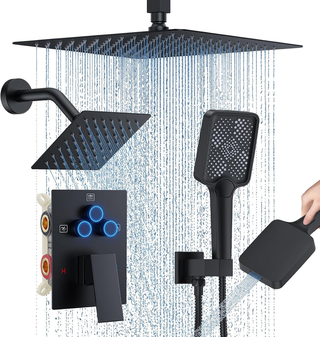 Shower Faucet Set, 12' Ceiling Mount Rainfall Shower System with 12'' Top Head+6'' Side Head and Multi-function Handheld Head Push Button Diverter Shower Faucet Trim Kit (12', Matte Black)