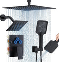 Shower Faucet Set, 12' Ceiling Mount Rainfall Shower System with 12'' Top Head+6'' Side Head and Multi-function Handheld Head Push Button Diverter Shower Faucet Trim Kit (12', Matte Black)